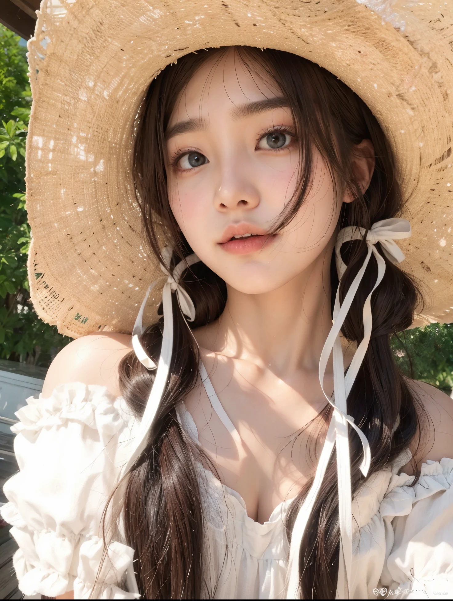 a close up of a woman wearing a straw hat and a dress, ulzzang, with straw hat, young adorable korean face, wan adorable korean face, beautiful south korean woman, gorgeous young korean woman, korean girl, beautiful young korean woman, popular south korean makeup, young cute wan asian face, girl cute-fine-face, xintong chen, popular korean makeup