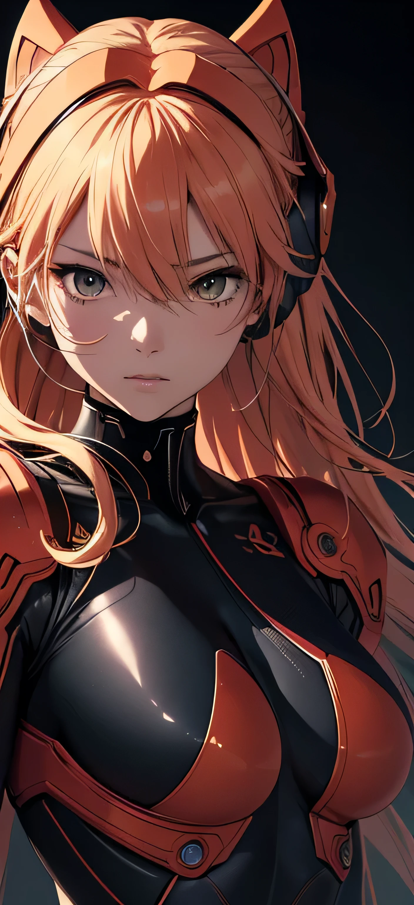 official art, Unity 8K wallpaper, ultra detailed, beautiful and aesthetic, masterpiece, best quality, realistic, close-up, Full body Shot, skindentation, souryuu asuka langley, headset interface, bodysuit under clothes, detailed eyes, detailed face, detailed hair, black background, straight-on, looking at the viewer, shiny
