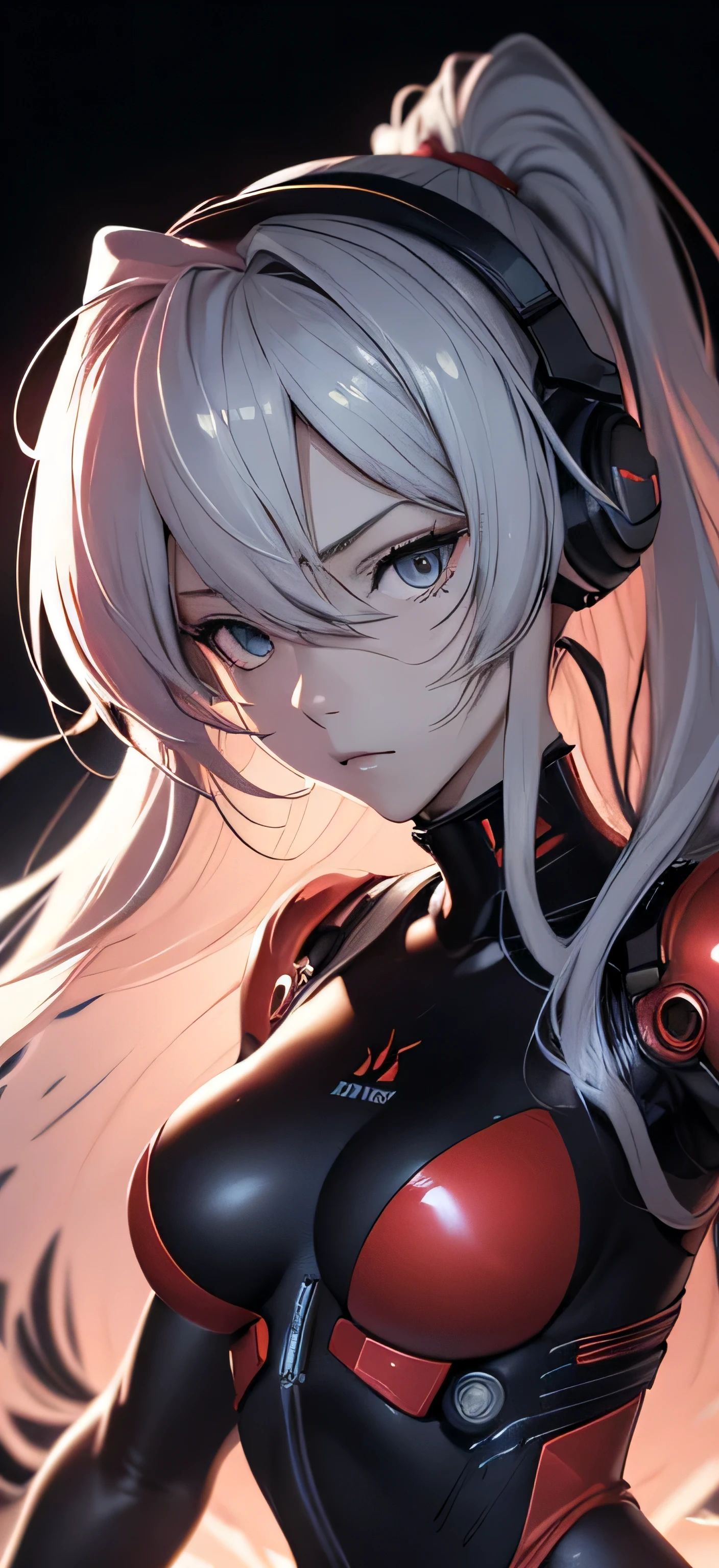 official art, Unity 8K wallpaper, ultra detailed, beautiful and aesthetic, masterpiece, best quality, realistic, close-up, Full body Shot, skindentation, souryuu asuka langley, headset interface, bodysuit under clothes, detailed eyes, detailed face, detailed hair, black background, straight-on, looking at the viewer, shiny