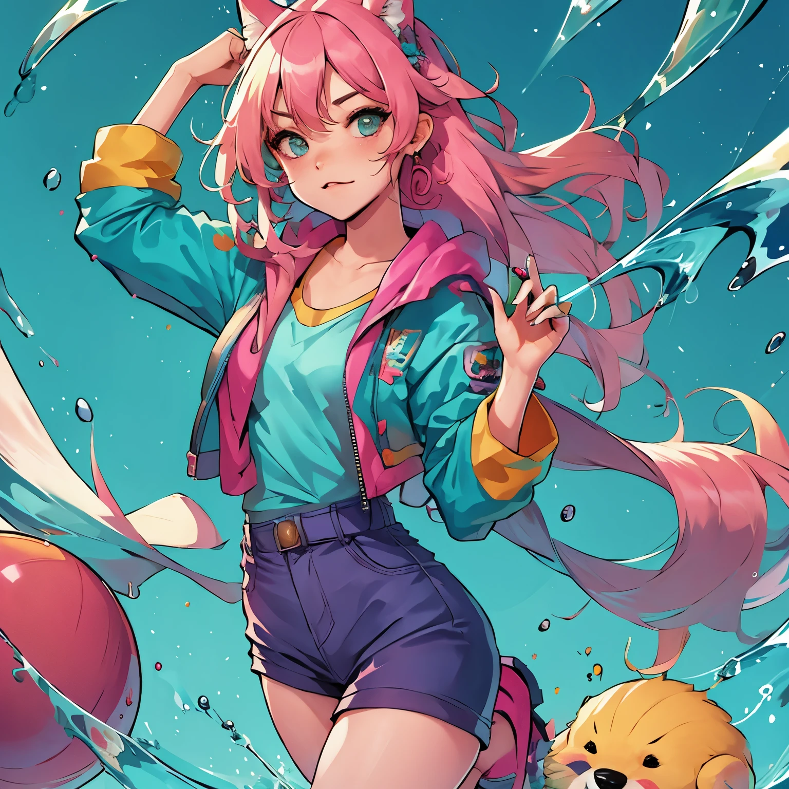 (ultra detailed,ultra high res,detailed background),((2D)),((flat color)),((colorful)),((floating colorful water)),1girl,solo,looking at viewer,BREAK, furry