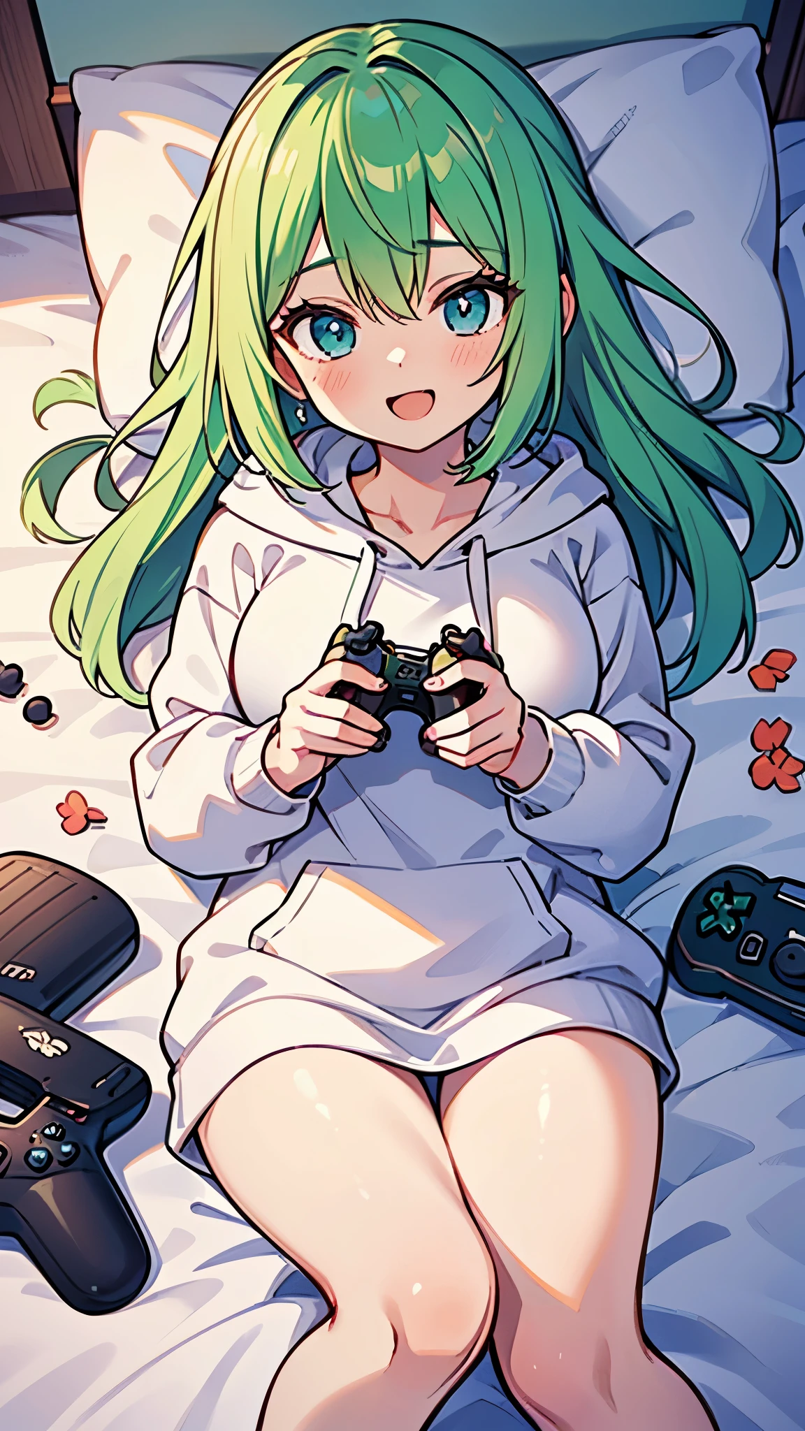 ((A Pretty girl with green hair and blue eyes lying on the bed)), ((wearing white hoodie)), ((with a game controller)), Baby face, ((master piece, top-quality, ultra-definition, high resolution)), anime girl, ((ultra-detailed illust:1.2)), only one person, bangs, hair between eye, beautiful hair, Beautiful eyes, Medium breasts, thighs, Big smile, opened mouth, in the bedroom
