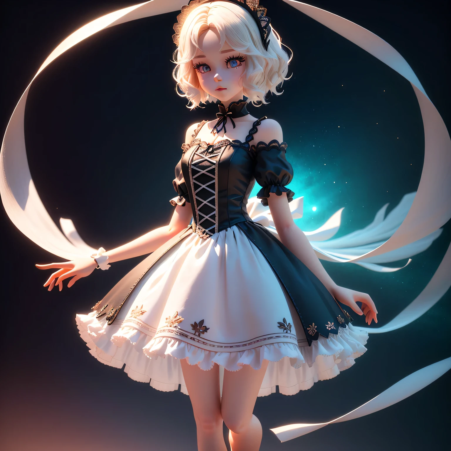 Blind Box Style Girl character, 3D toy full body, cute,delicate and beautiful features, dark lolita dress, flowing, complex design, white background, Natural lighting, 8K, best quality, ultra - detail, C4D, Blender, OC renderer, ultra HD, 3D rendering