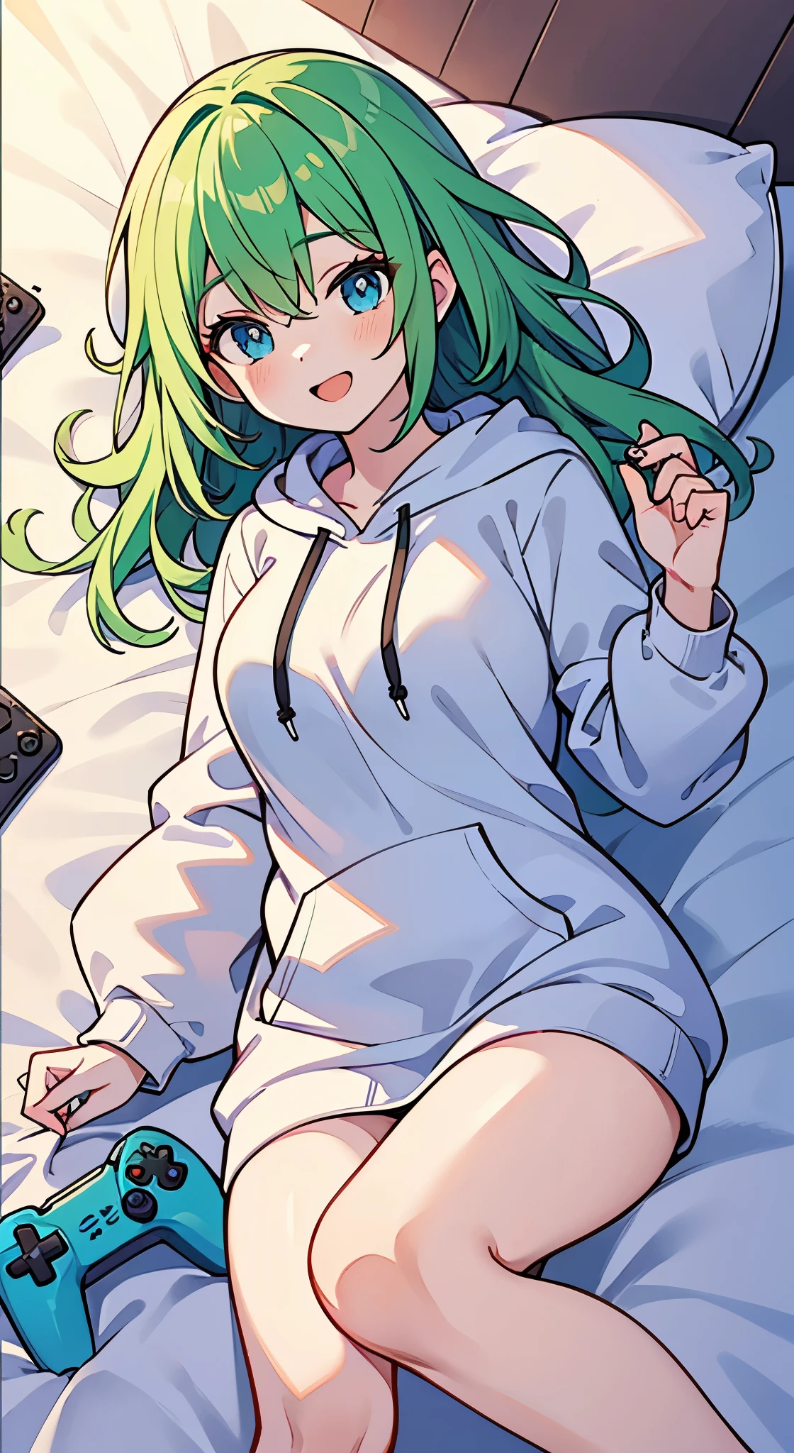 ((A Pretty girl with green hair and blue eyes lying on the bed)), ((wearing white hoodie)), , ((master piece, top-quality, ultra-definition, high resolution)), anime girl, ((ultra-detailed illust:1.2)), only one person, bangs, hair between eye, beautiful hair, Beautiful eyes, Medium breasts, thighs, Big smile, opened mouth, in the bedroom, morning, turn back