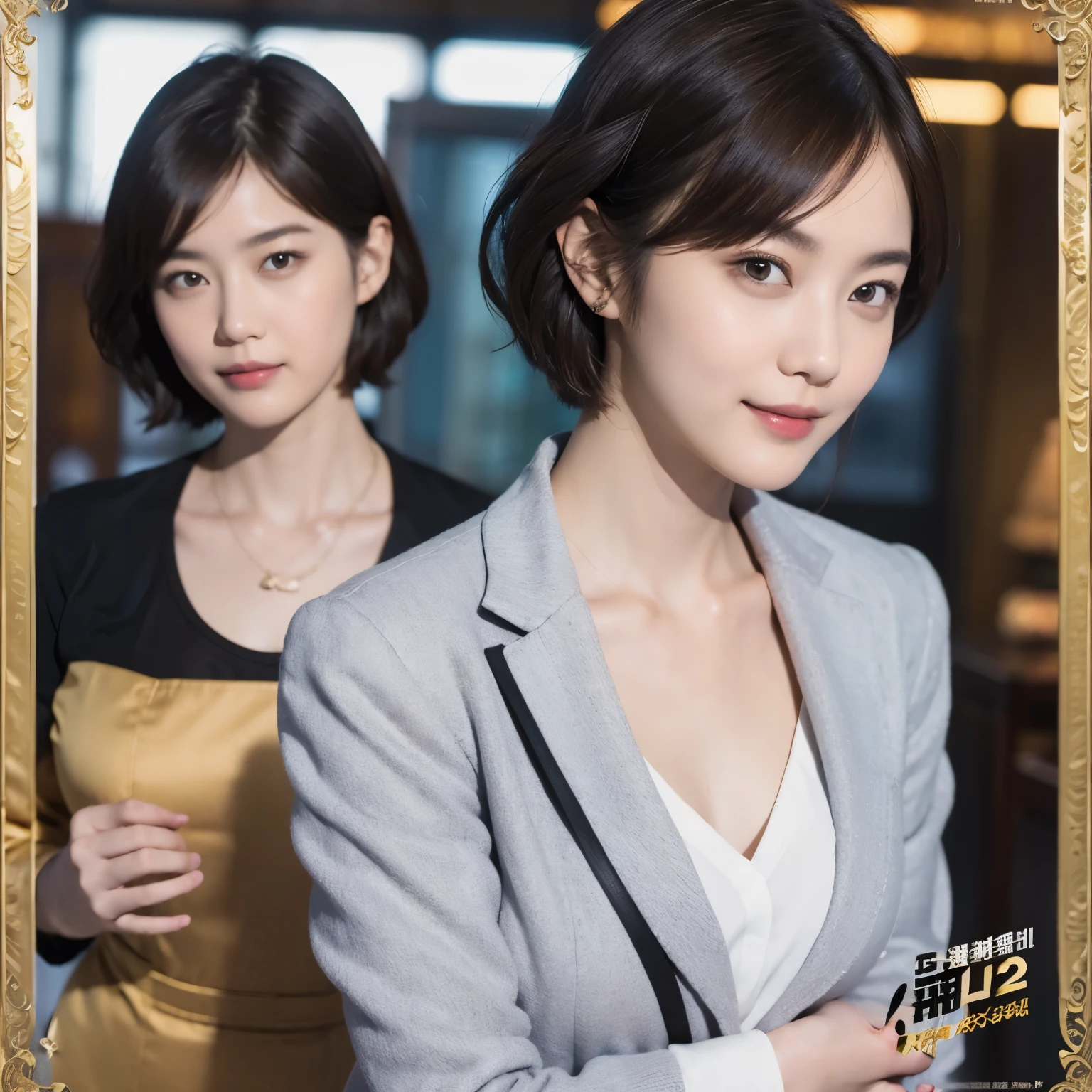 169
Shorthair, a 20 yo woman, gentle smile, working suit, spy movie poster