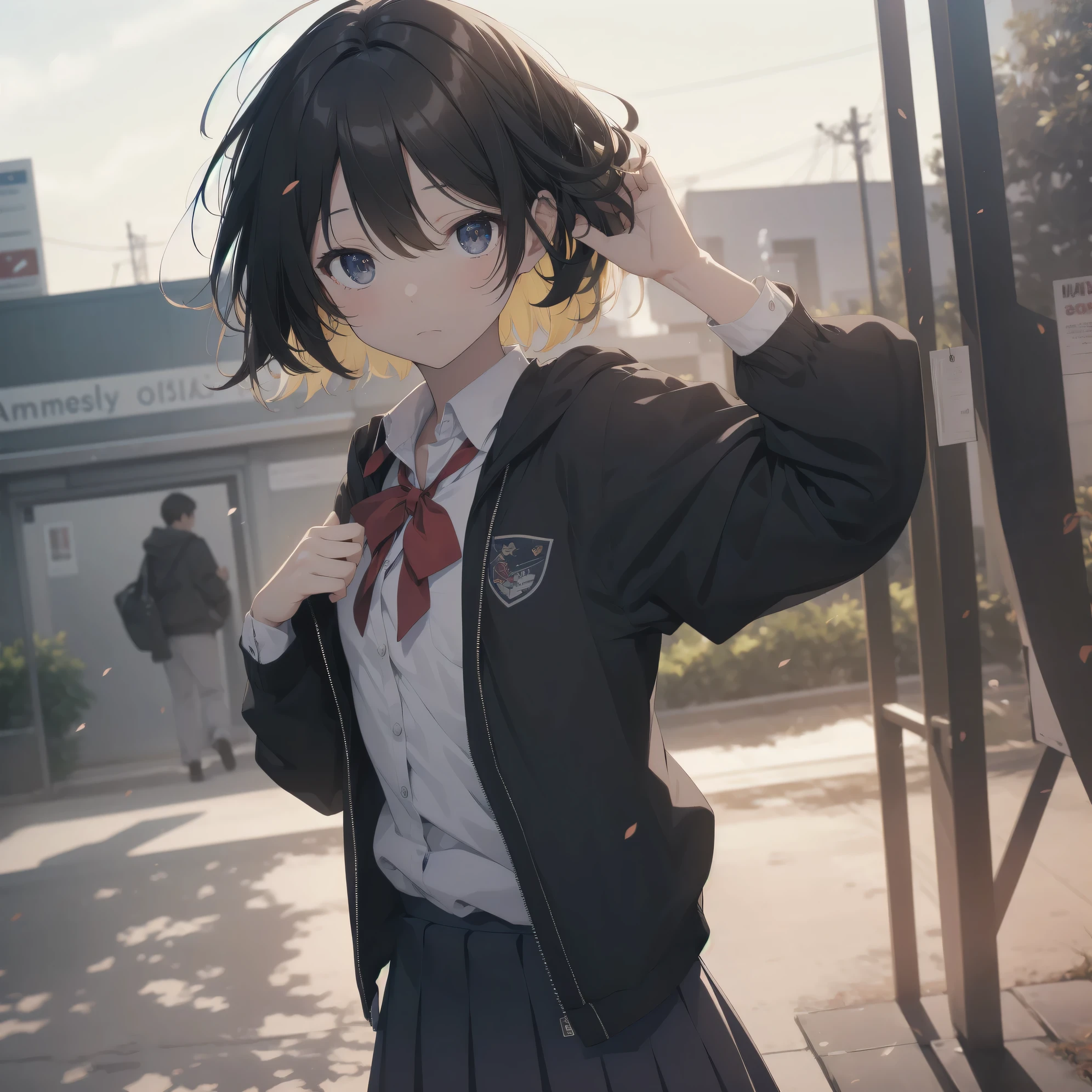 Super absurd quality by the god of art, super detailed, High resolution, anime moe art style, Best Anime 8K Kona-chan Wallpaper, pixiv contest winner, perfect anatomy, break,(眠そうにalone学校へ行く女の子を描いてください. )break,1 girl, (alone, woman, baby fears old:1., full finger,, The charm of an immature body, (very short hair), bangs, flat chest, Small Bodysuits, small ass, between legs, small black eyes, detailed and beautiful eyes, Well-proportioned iris and pupils, expressive eyes, sleepy eyes, High resolutionの詳細な髪, hair grip, neck ribbon, skirt, collared shirt, pleated skirt, school uniform, school bag,(detailed lighting), (detailed background), On the way to school. break,super dense skin, Best movie lighting by famous artists, 8k,cute illustration,photoshop_(Moderate),Absurd Hi-Res,Hmm,rough skin
