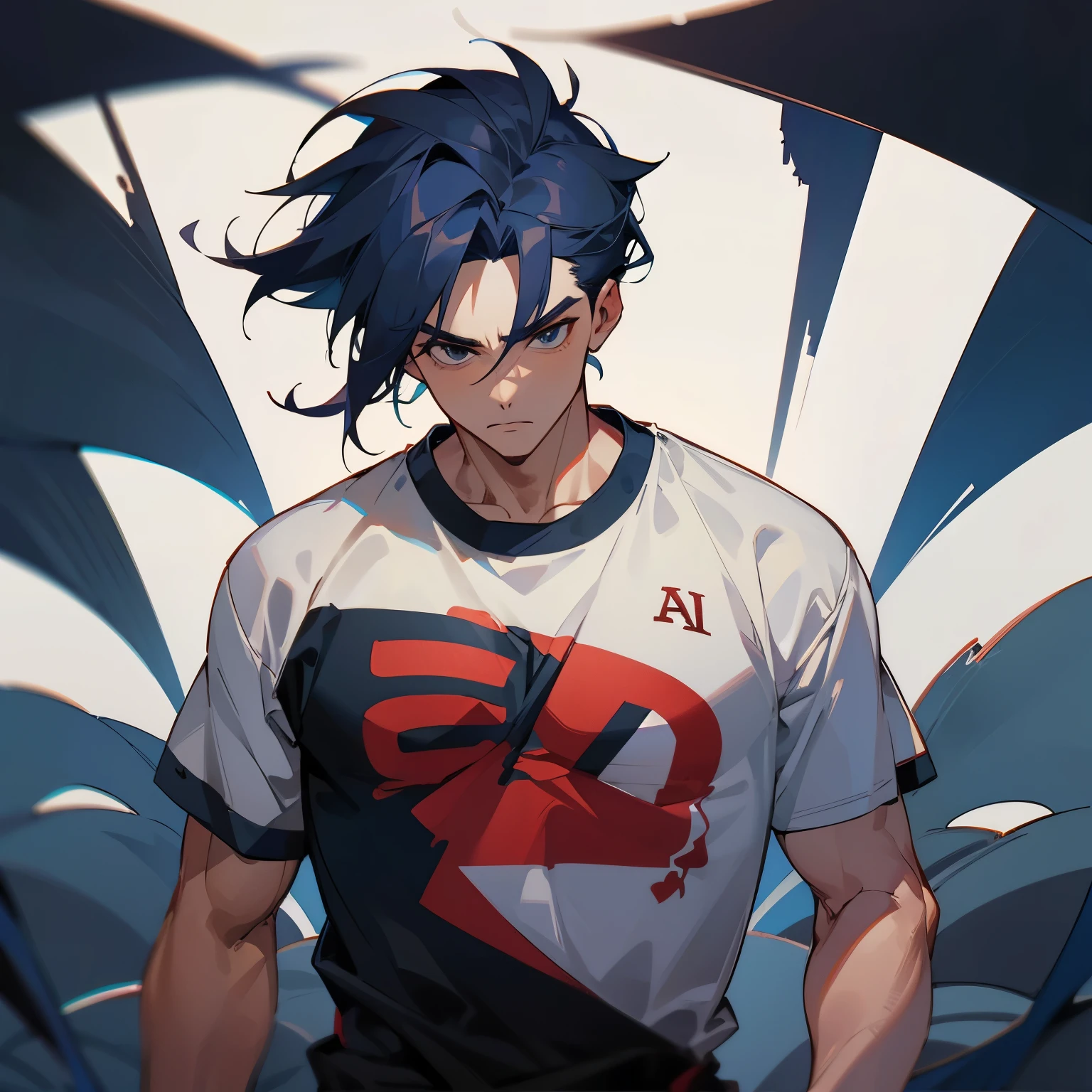 a man with athletic body and side parted hair wearing a shirt with "Kai" on it.