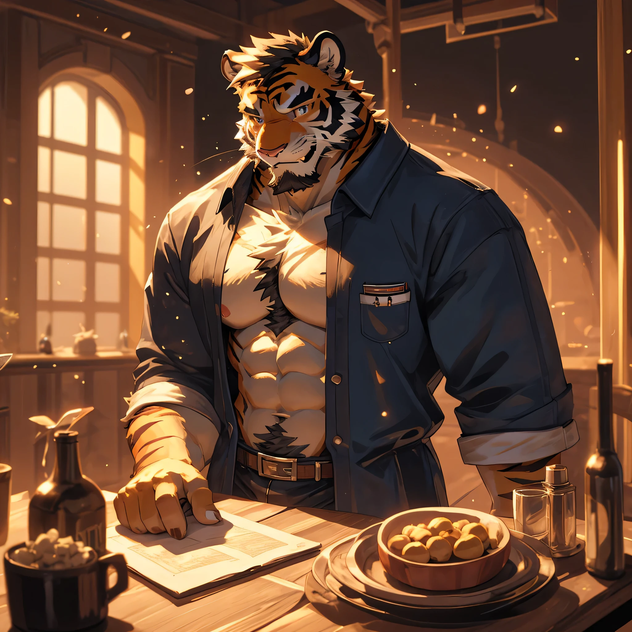 depth of field, perfect lighting, light particles,(best quality),(masterpiece),(super detailed),sharp focus,light particles黑色眼睛, watch_exist_audience, Grinning,blushing alone, hairy, animal_tiger_ear, male, aldult, bare chest, male, (very muscular, enthusiast, Heavyweight, Jigazad has strong breasts:1.2), anatomically correct, (Realistic skin, delicate skin, epic, masterpiece:1.2) light yellow fur, golden fur,red jacket, Blue T-shirt,Upper body, Sunlight, table, exist咖啡店裡, window, Street information waiting to be activated