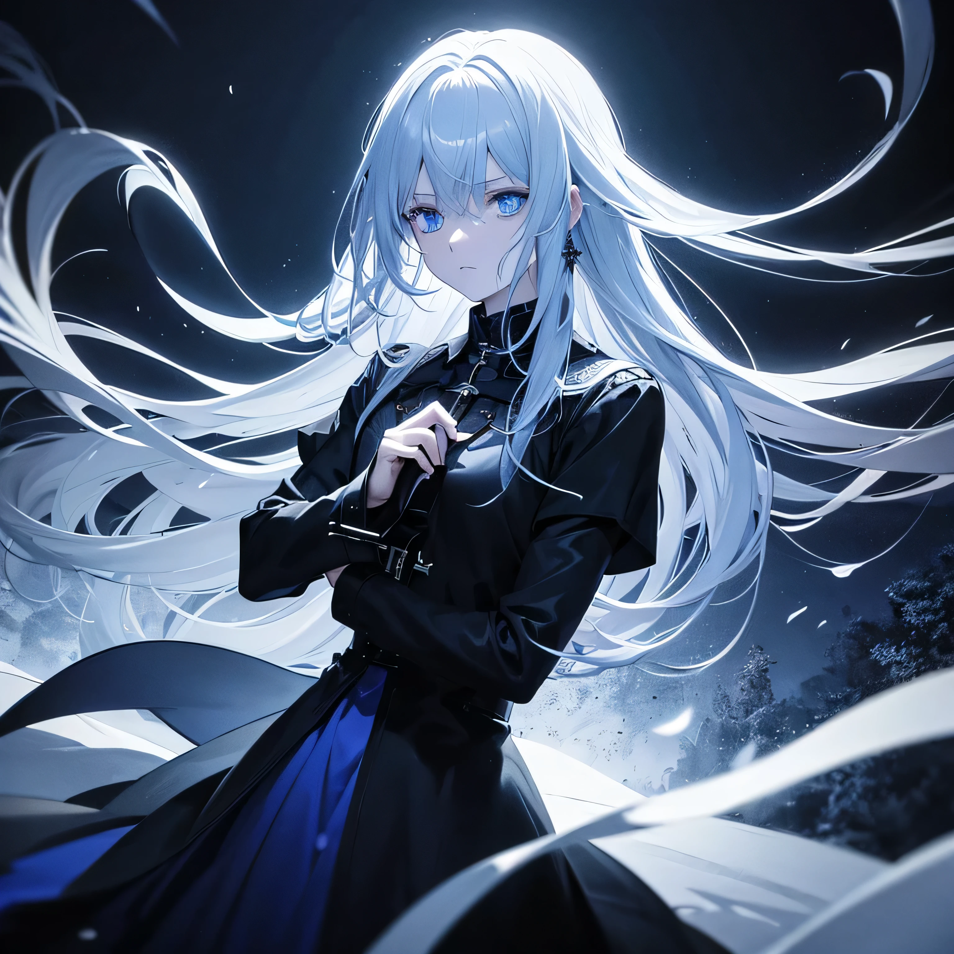dark atmosphere, Emotional, melancholic key visual, rich colors, extremely difficult、have a sword、Mental concentration、blue eyes、There is momentum、flowing movement