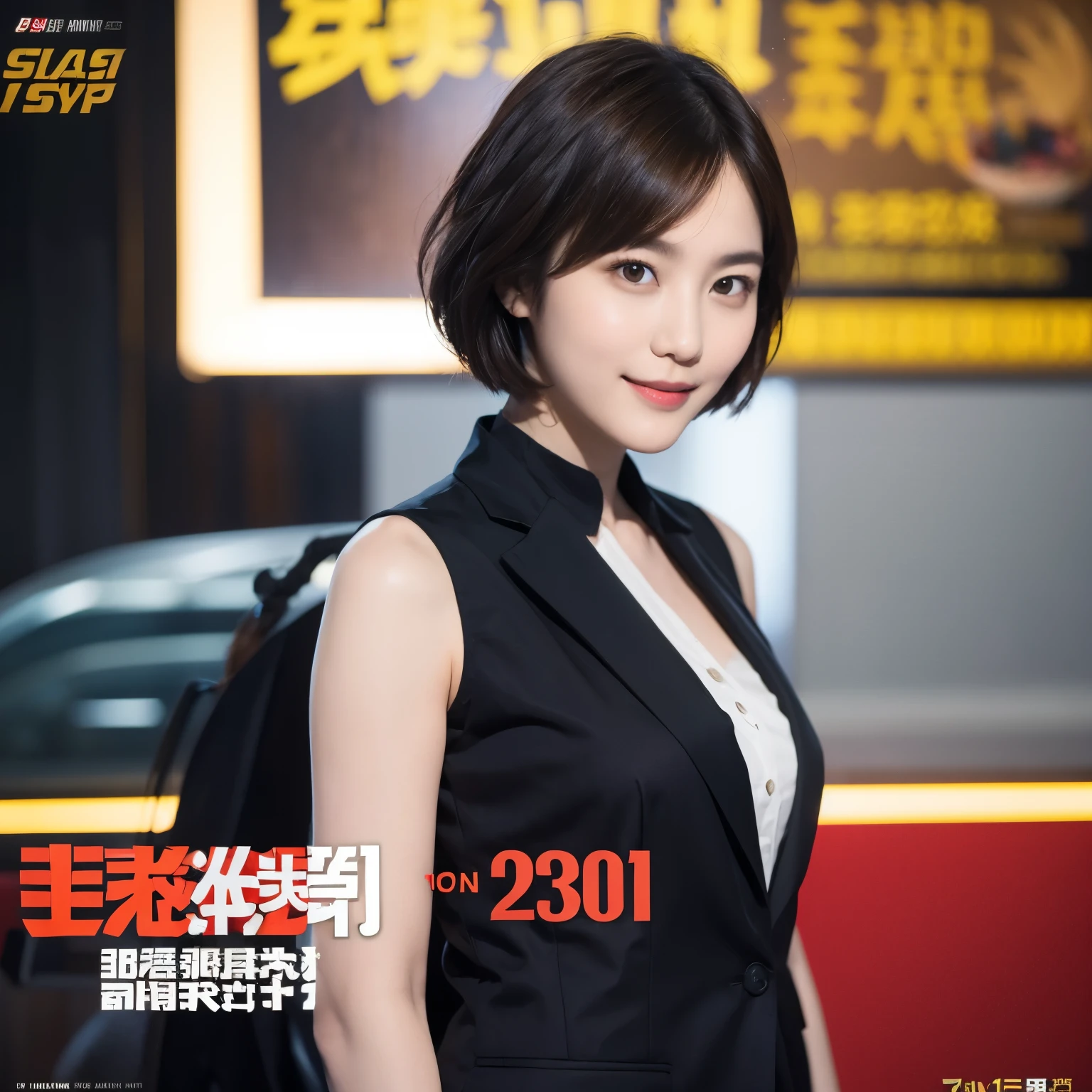 169
Shorthair, a 20 yo woman, gentle smile, working suit, spy movie poster
