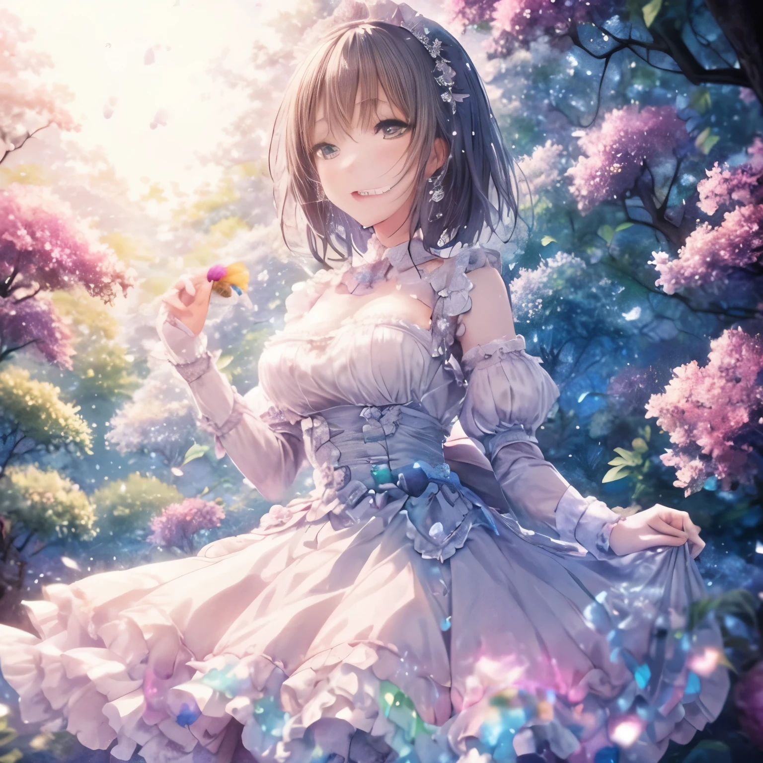 (high quality, 8k), (soft light), Rainbow-colored, one girl, detailed face, fine eyes, watercolor paiting,  so magical and dreamy, dreamy and detailed, dreamy atmosphereとドラマ, gorgeous atmosphere, fantastic beautiful lighting, dreamy atmosphere, beautiful atmosphere, dreamy romantic, fantastic dreamy theme, magical atmosphere, beautiful atmosphere, anime background art, magical atmosphere + table top, dreamy aesthetics, Beautiful details with atmosphere, lots of flowers, bubble, water, flower garden, sitting on the ground, shining eyes