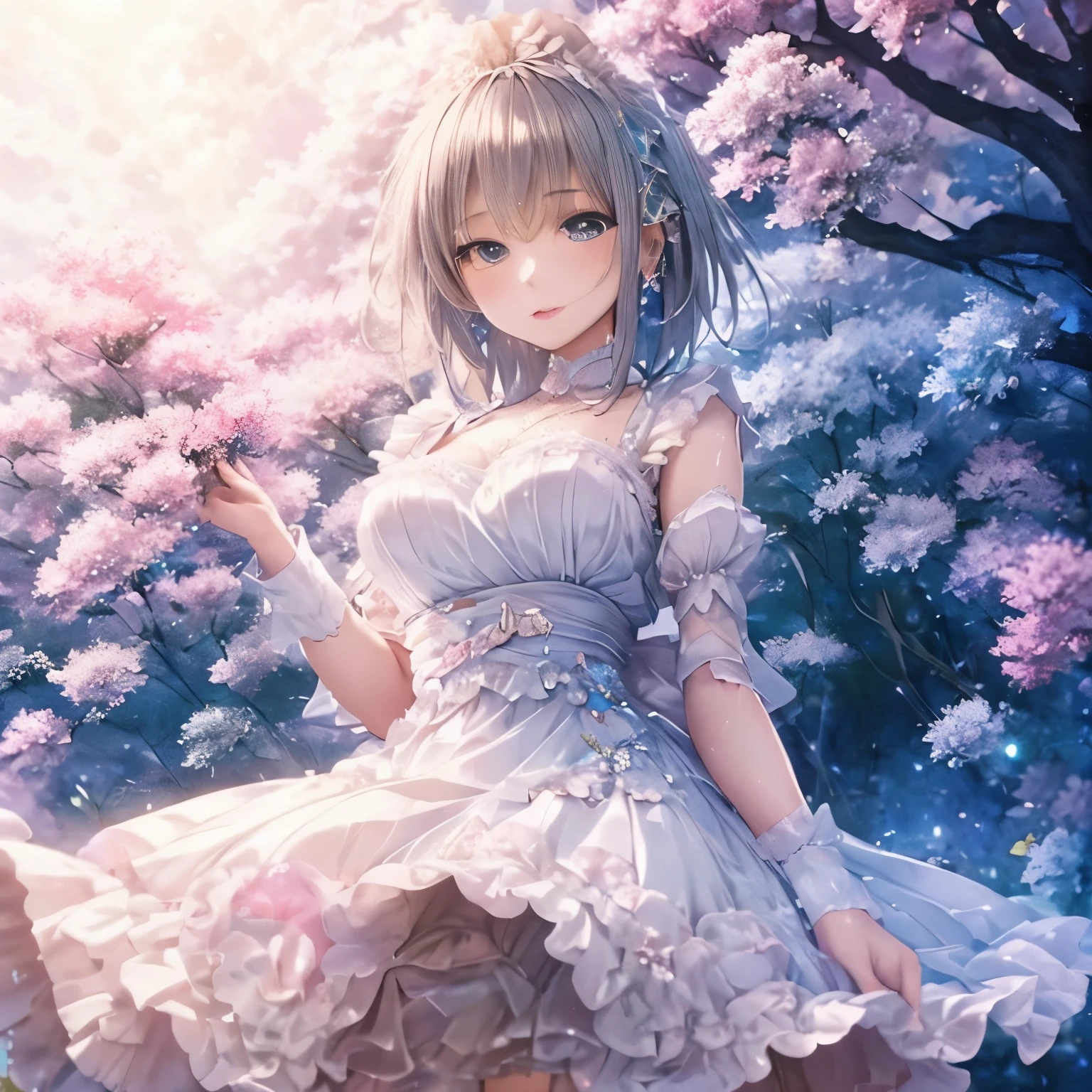 (high quality, 8k), (soft light), Rainbow-colored, one girl, detailed face, fine eyes, watercolor paiting,  so magical and dreamy, dreamy and detailed, dreamy atmosphereとドラマ, gorgeous atmosphere, fantastic beautiful lighting, dreamy atmosphere, beautiful atmosphere, dreamy romantic, fantastic dreamy theme, magical atmosphere, beautiful atmosphere, anime background art, magical atmosphere + table top, dreamy aesthetics, Beautiful details with atmosphere, lots of flowers, bubble, water, flower garden, sitting on the ground, shining eyes