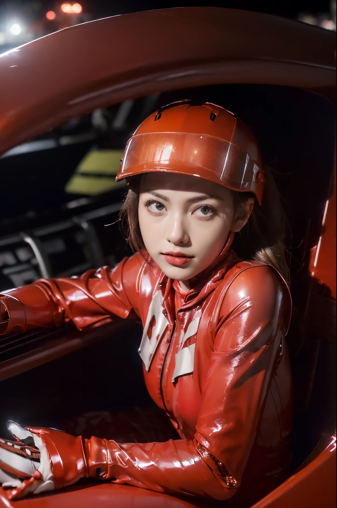 ((((8k))),((Extremely meticulous CG)) ,(wallpaper),16k,((Extremely refined and beautiful)),(((Masterpiece))),(((best qualtiy))),(((Ultra High Resolution))),beautiful light up,Perfect lightning,realistic shaded,((high resolution)),(Smooth and flawless fair skin:1.5),(pale skin:1.3),(Extremely exquisite facial details:1.2),(perfect body:1.1),(ultra-detailed),A beautiful girl,solo,(a detailed rally racing car:1.5),(small head:1.2),(wearing a red racing helmet on head:1.3),(short ponytail:1.2),(small face:1.2),(Exquisite makeup:1.2),(blush:1.3),(sweat:1.5),(small breasts:1.2),(flat chests:1.2),((slim,thin)),happy,(laughing:1.2),(red latex catsuit:1.5),(gloves:1.3),(slender legs:1.3),(sneakers:1.2),(night scene:1.5),(In a spacious sports stadium:1.3),(At the racetrack:1.3),(lively atmosphere:1.3),(night scene:1.5),(bright light:1.3),(detailed background:1.5),(sitting on the hood of a red rally racing car:1.5),(upper body:1.3),(from front:1.3),