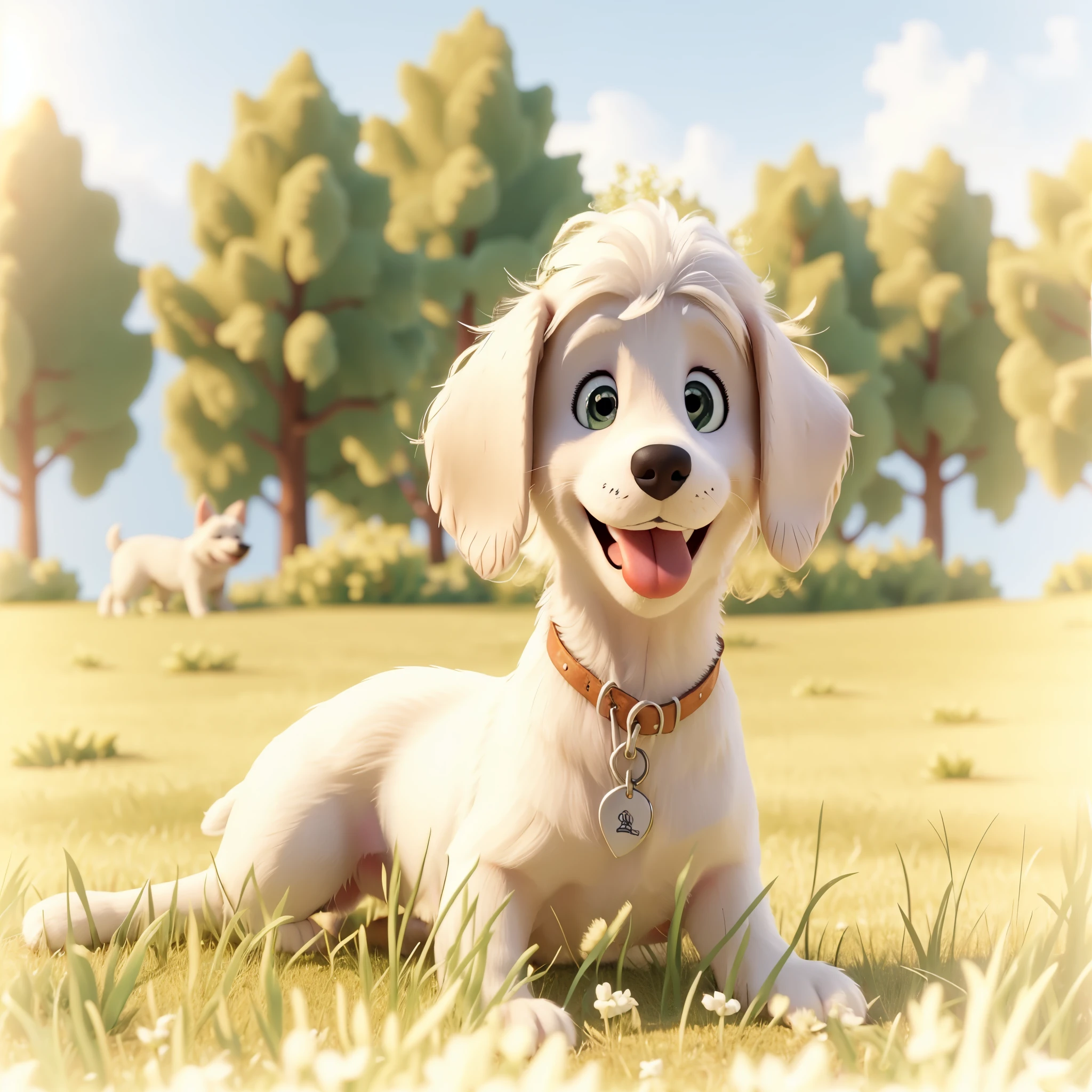A white dog is sleeping on the grass, highly detailed pictures, happy dog, small white dog, smile happily at the camera, cute dog, smile gently, smile at the camera, happy and smiling, beautiful and smiling, smile at the camera, Beautiful woman, Beautiful woman blanca