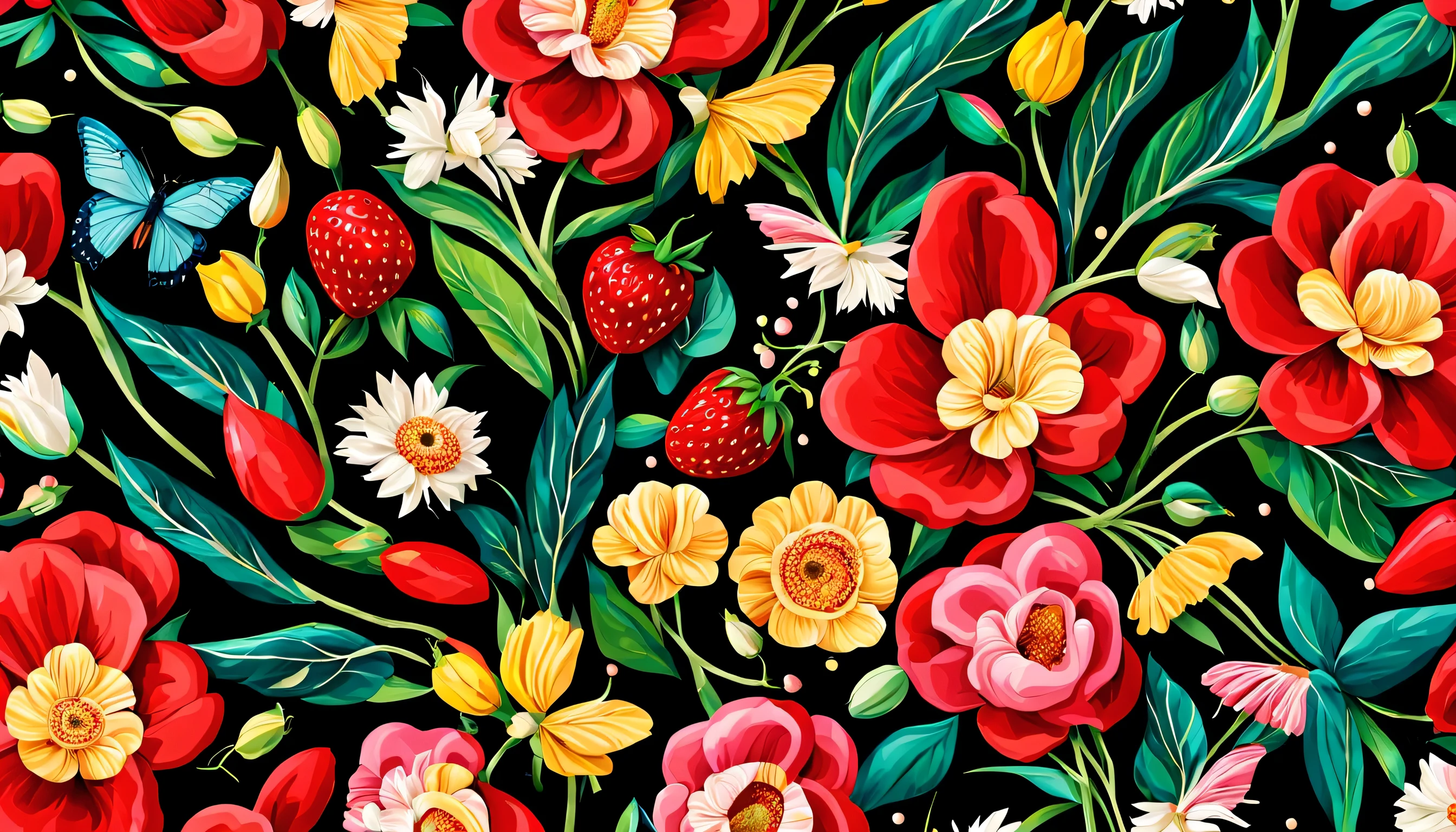 ((((RED background))))  Seas of freshness with the Ocean Rose — ocean breeze, sun-bleached driftwood, and a touch of salty sea air. colorful pearls, jewels, ((butterfly)), ((yellow small stars)), (strawberry), rose,  || (embroidery) seamless pattern, fruit, butterfly, Best quality, masterpiece, ultra high res, (photo realistic:1.4), surrealism, dream-like, ((abstract art)), vector arts, a close up of a floral pattern on black background, floral wallpaper, ornate floral, floral pattern, floral explosion, floral! intricate, floral flowers colorful, chinoiserie pattern, flowery wallpaper, floral renewal, with colorful flowers and plants, floral dream, garden flowers pattern, floral patterned skin, floral design, floral motives, boho floral vines