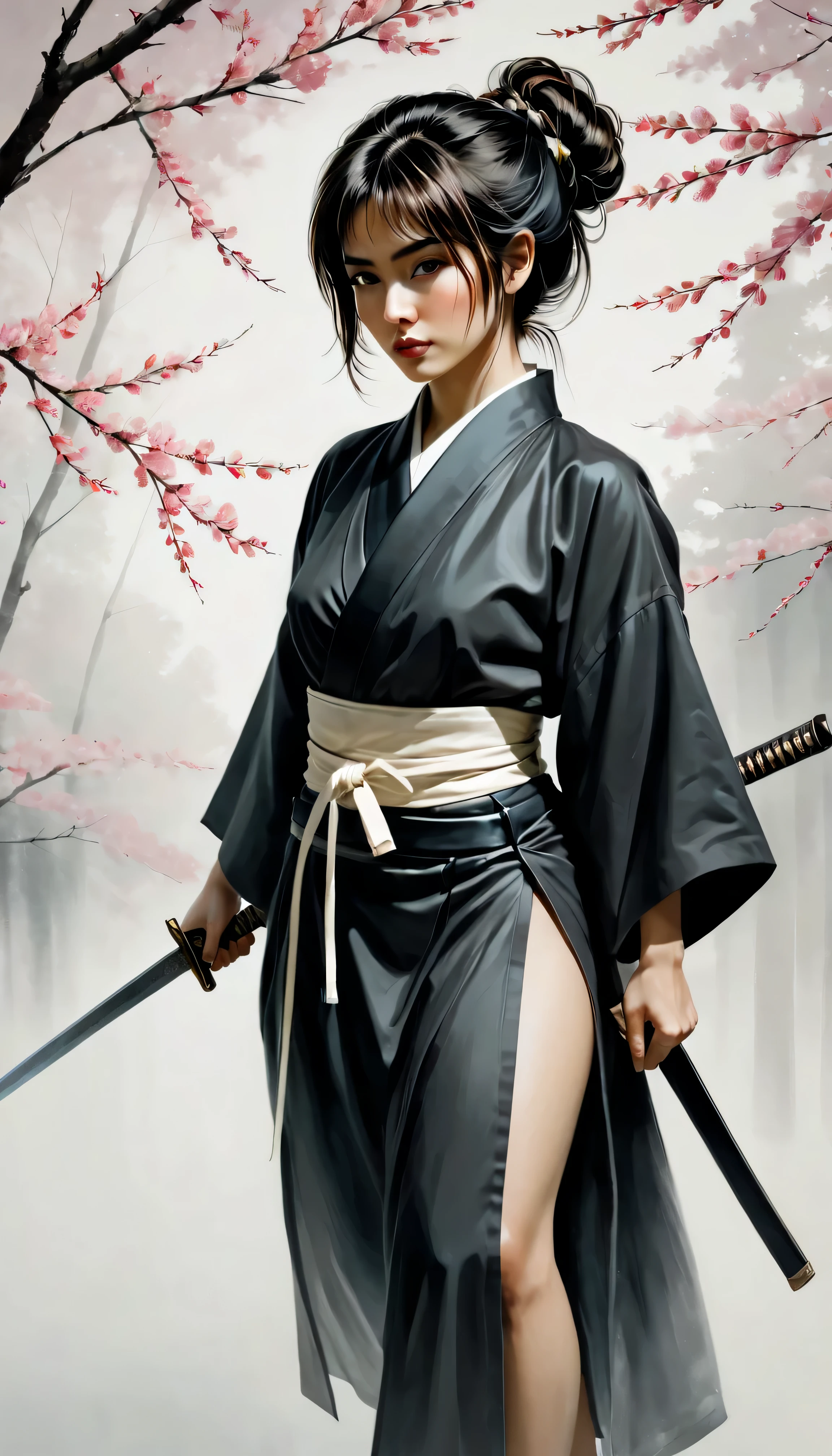 ((full body):1.2), smooth lines; Express expressions and postures through ink contrast, The background is a sakura garden. emphasize light, shadow and space. Drawing of Female Samurai, Supermodel Japanese Beauty. Black hair, (messy bangs hairstyle), ((maiden)), golden ratio face, perfect face, (attractive body), (fashion model body), ((wearing samurai robe):1.1), ((samurai battle stance):1.1), ((a Wakizashi dagger):1.1), fine art piece, figurative art, Dress neatly. sexy painting, Wallop | (best quality, 4K, 8k, high resolution,masterpiece:1.2), Super detailed,(actual, photoactual, photo-actual:1.37).