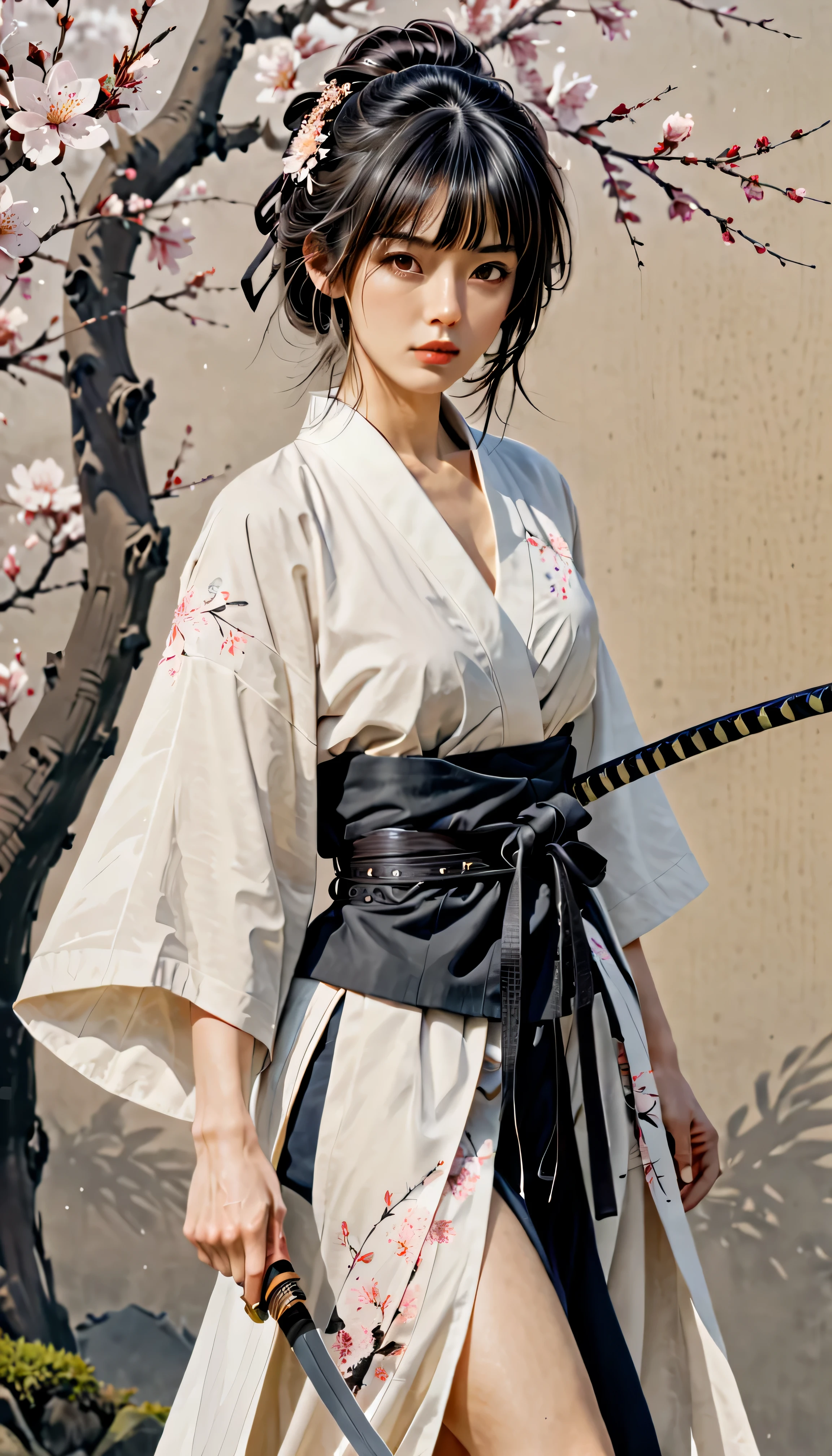 ((full body):1.2), smooth lines; Express expressions and postures through ink contrast, The background is a sakura garden. emphasize light, shadow and space. Drawing of Female Samurai, Supermodel Japanese Beauty. Black hair, (messy bangs hairstyle), ((maiden)), golden ratio face, perfect face, (attractive body), (fashion model body), ((wearing samurai robe):1.1), ((samurai battle stance):1.1), ((a Wakizashi dagger):1.1), fine art piece, figurative art, Dress neatly. sexy painting, Wallop | (best quality, 4K, 8k, high resolution,masterpiece:1.2), Super detailed,(actual, photoactual, photo-actual:1.37).