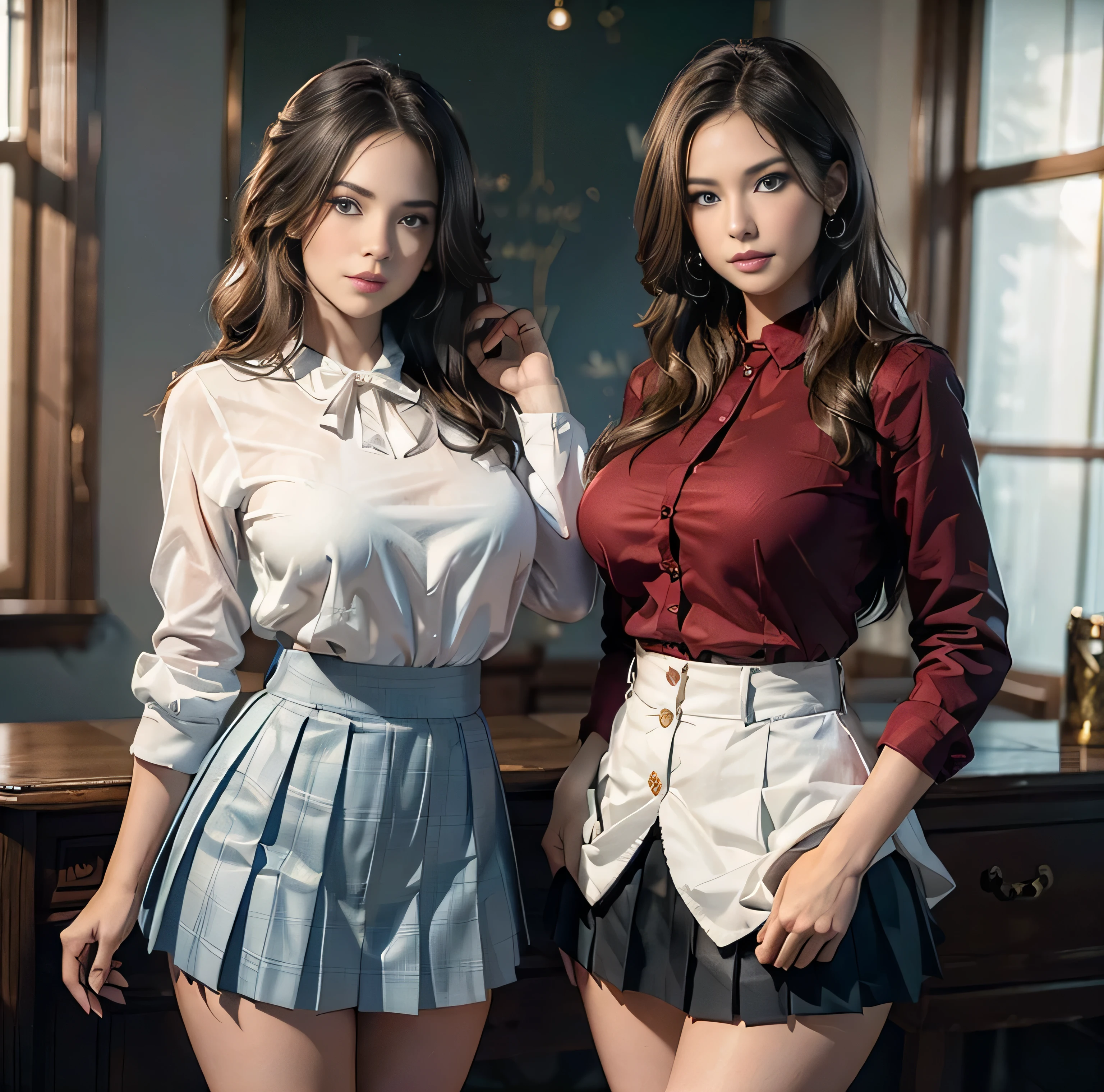 top-quality, 8K picture quality, ​masterpiece, (Professional lighting without shadows), (Two women standing and Show off your panties:1.2), (Perfect body and huge breasts squeezed by clothes:1.2), Bright whitening skin, (Bright and beautiful blue eyes with plump red tear bags reflect a lot of light.)、 (A tight pure white blouse that hides all of her huge breasts:1.2), Crimson Ribbon Tie, (Amazingly short micro mini pleated skirt), (Do not expose upper body skin:1.3), (Show off your beautiful thighs and ultra-slim waist from the front), (above the knee while standing), Huge breasts compressed by clothes, (Show off your panties:1.3), Two good friends, garter, school girl uniform