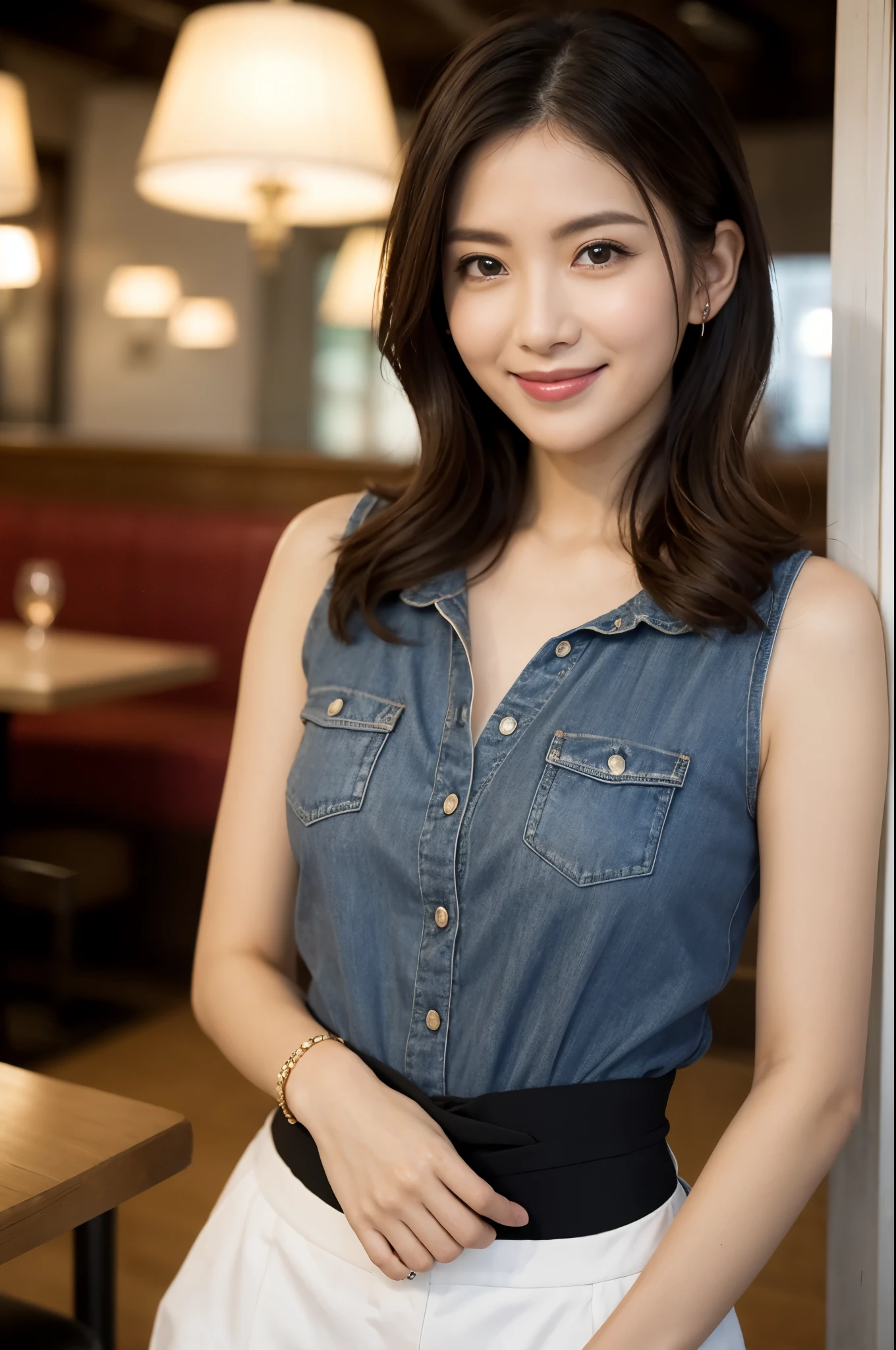 ulzzang-6500-v1.1, (RAW photo:1.2), (Photoreal), (genuine:1.4), (muste piece),(very realistic, High resolution, detailed face, fine eyes), thin woman, 40 years old, cute face, look at the audience, (very affectionate smile:1.2)、various popular hairstyles, slim figure, small breasts, very thin waist, at the restaurant, wearing casual clothes