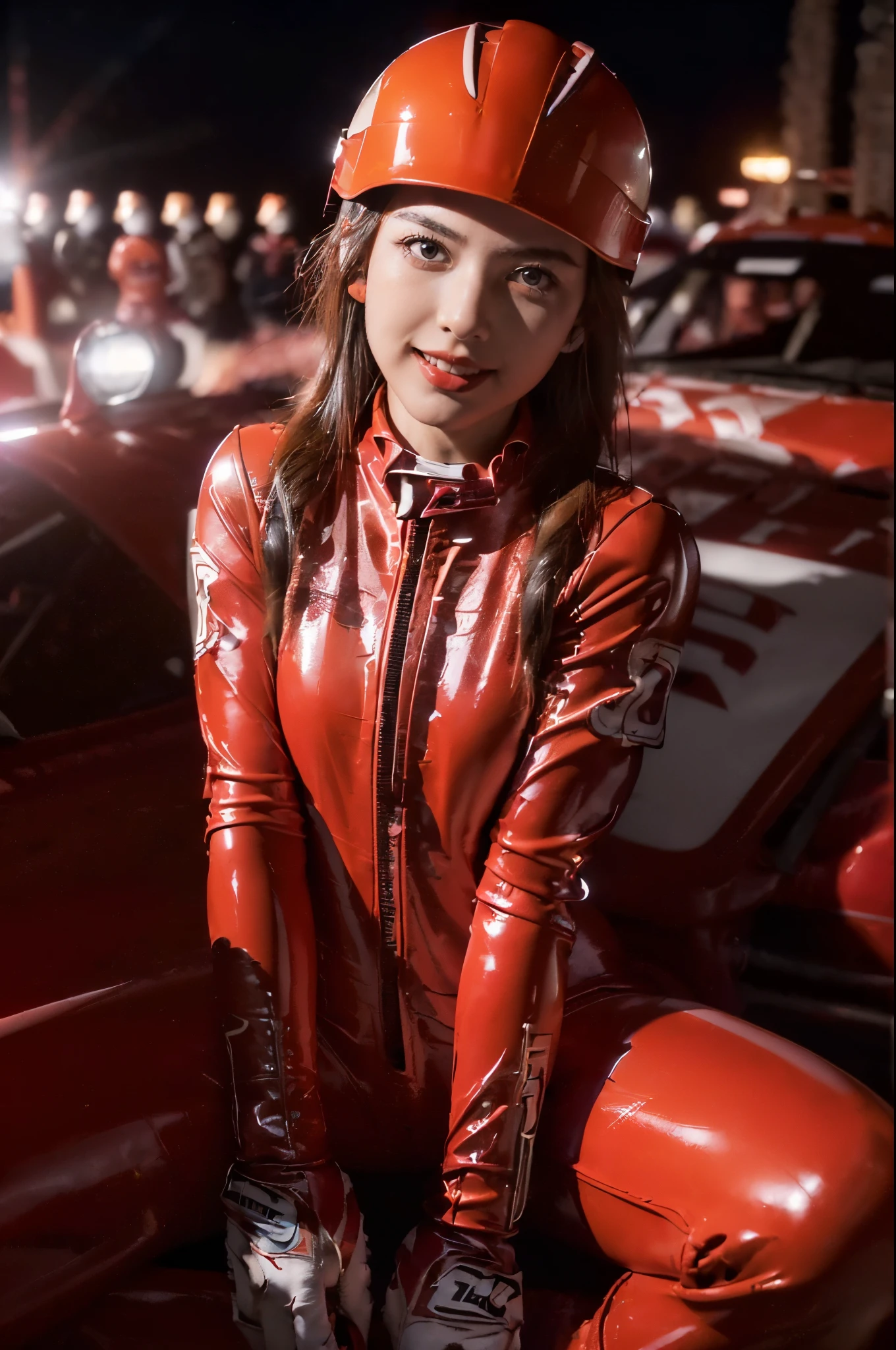 ((((8k))),((Extremely meticulous CG)) ,(wallpaper),16k,((Extremely refined and beautiful)),(((Masterpiece))),(((best qualtiy))),(((Ultra High Resolution))),beautiful light up,Perfect lightning,realistic shaded,((high resolution)),(Smooth and flawless fair skin:1.5),(pale skin:1.3),(Extremely exquisite facial details:1.2),(perfect body:1.1),(ultra-detailed),A beautiful girl,solo,(a detailed rally racing car:1.5),(small head:1.2),(wearing a red racing helmet on head:1.3),(short ponytail:1.2),(small face:1.2),(Exquisite makeup:1.2),(blush:1.3),(sweat:1.5),(small breasts:1.2),(flat chests:1.2),((slim,thin)),happy,(laughing:1.2),(red latex catsuit:1.5),(gloves:1.3),(slender legs:1.3),(sneakers:1.2),(night scene:1.5),(At the racetrack:1.3),(lively atmosphere:1.3),(night scene:1.5),(bright light:1.3),(detailed background:1.5),(sitting on the hood of a red rally racing car:1.5),(upper body:1.3),(from front:1.3),