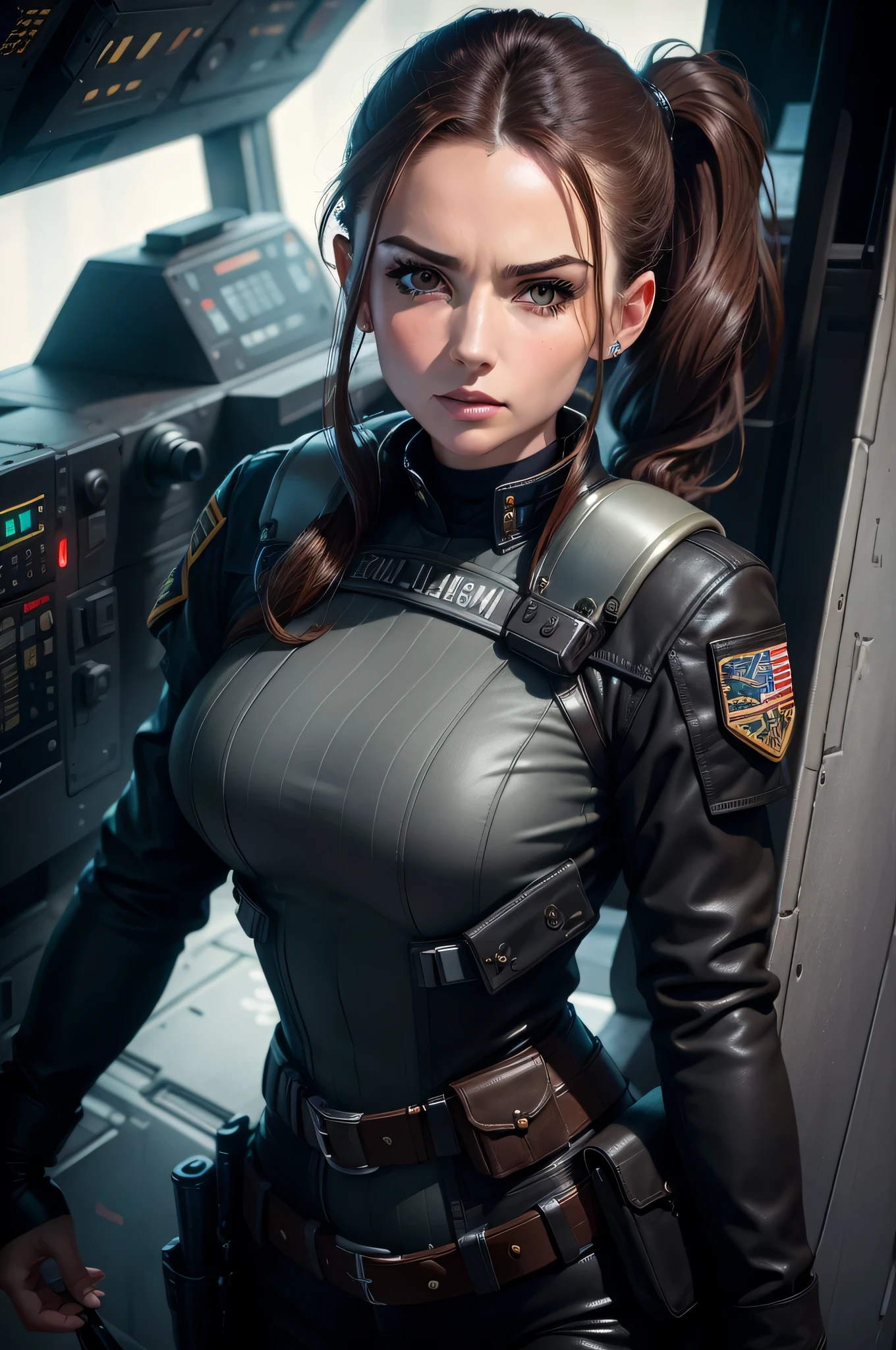 30 year old women, fabulous, gorgeous, best quality, 8k, Captain of a war spaceship, brunette with a ponytail, hazel eyes, stern face, officer's jacket, Fujifilm, 12k, gothic, dark, ultra sharp