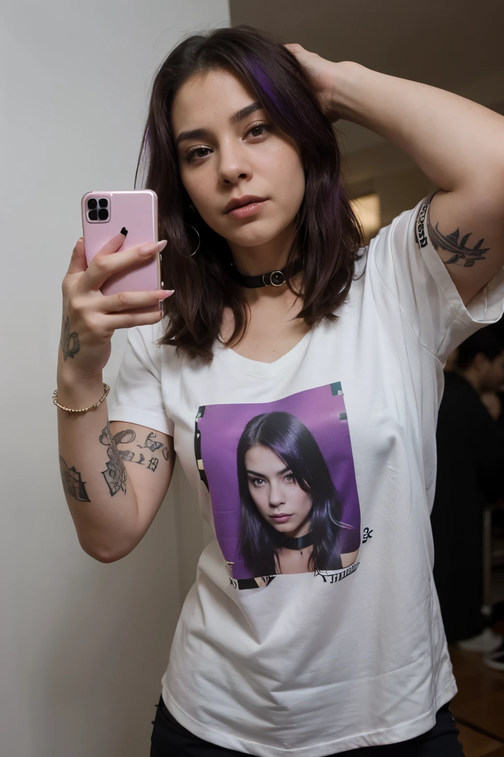 ((Mejor calidad)), ((Obra maestra)), (detallado),frontal portrait, cara perfecta, SEXY, purple hair, beautiful angry late latin urban punk girl with tattoos taking a selfie, dressed only with a very oversized sexy man tee shirt, choker, spike bracelet, punk jewelry