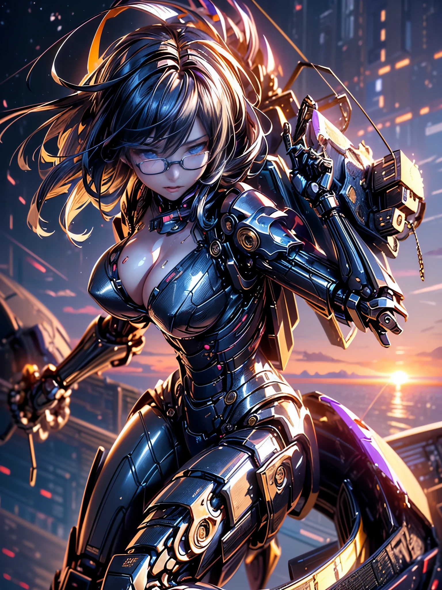 best image quality,excellent details,ultra high resolution,(fidelity:1.4),best illustrations,focus on details,daughter,Mecha wing,The background is a futuristic city,((sunrise)),beauty of android、black hair medium、25 years old、Neat and detailed facial features、Beauty、(Full mechanical armor based on blue-purple and gold.:1.2)、(glasses:1.5)(Mechanical parts with a very realistic matte texture:1.3)(Bare skin of cleavage and thighs exposed:1.3)(mechanical backpack unit)BREAK.(赤い綺麗な花束ブーケ💐を手に持つ、gift to me:2.0)