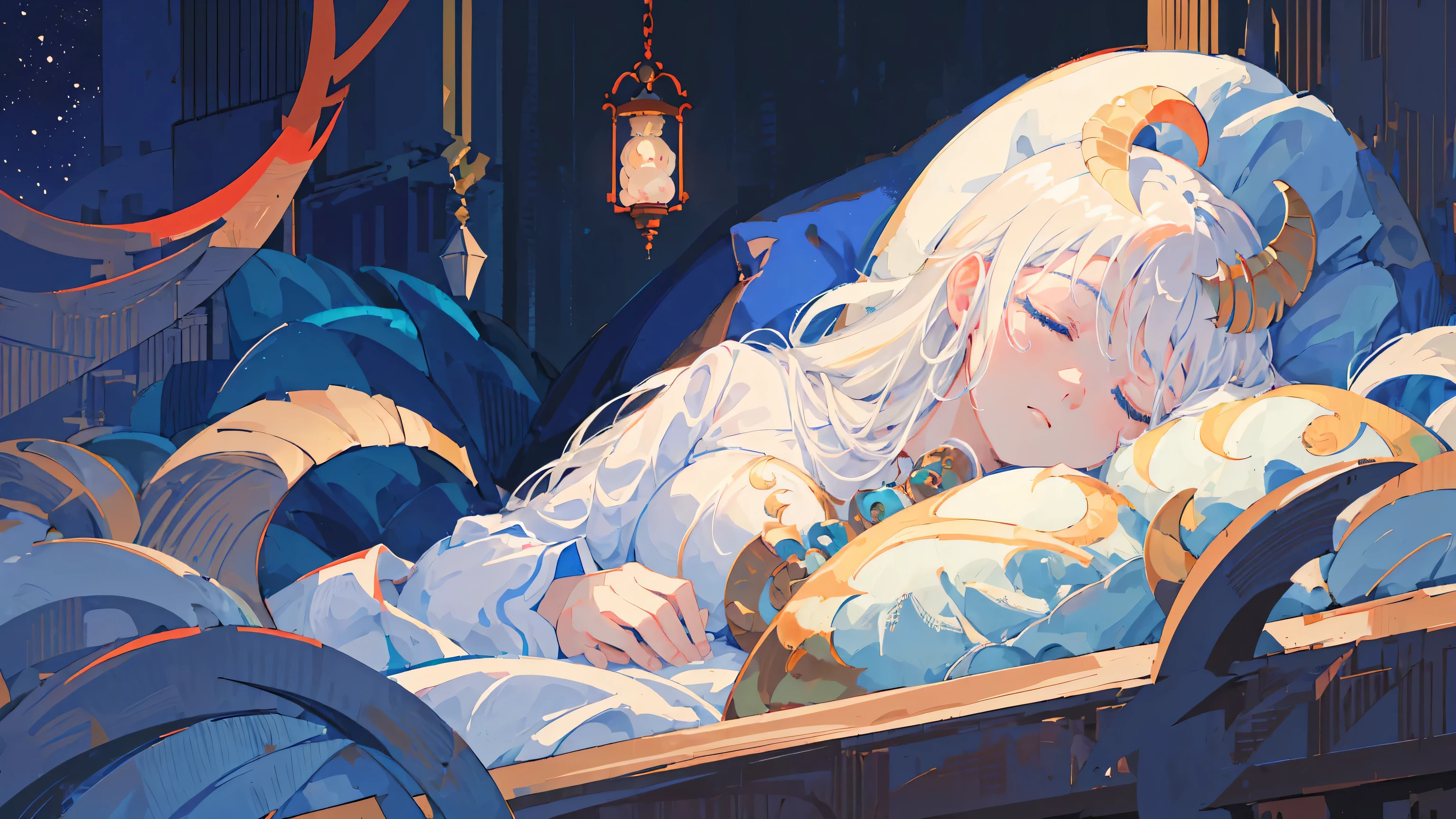 (masterpiece, high quality, detailed), 1 woman, dragon girl, (close one'eye:1.2), (peaceful sleeping face:1.5), big fluffy white hair, long hair, 파란 eye, busty, baggy white pajamas, in bed, There are a lot of pillows, dreamy, comfortable, night time, crescent moon, enlargement, portrait