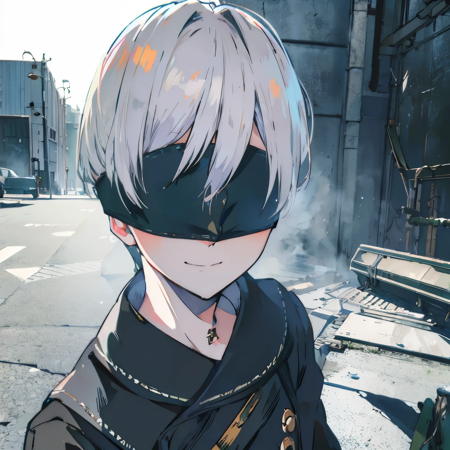 YoRHa 9S. He is 25 years old. adult. white hair.  Blue eyes. He is in a abandoned factory. The factory is rusty. (((His eyes are covered by a black bandage.)))