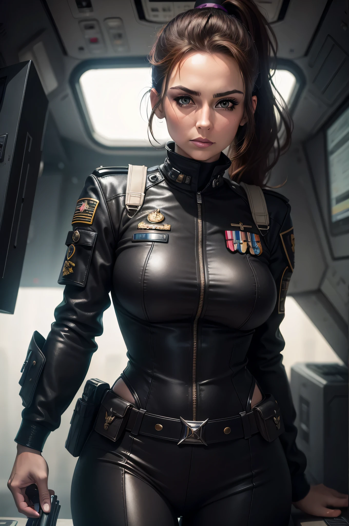 30 year old women, fabulous, gorgeous, best quality, 8k, Captain of a war spaceship, brunette with a ponytail, hazel eyes, small breasts, stern face, officer's jacket, Fujifilm, 12k, gothic, dark, ultra sharp