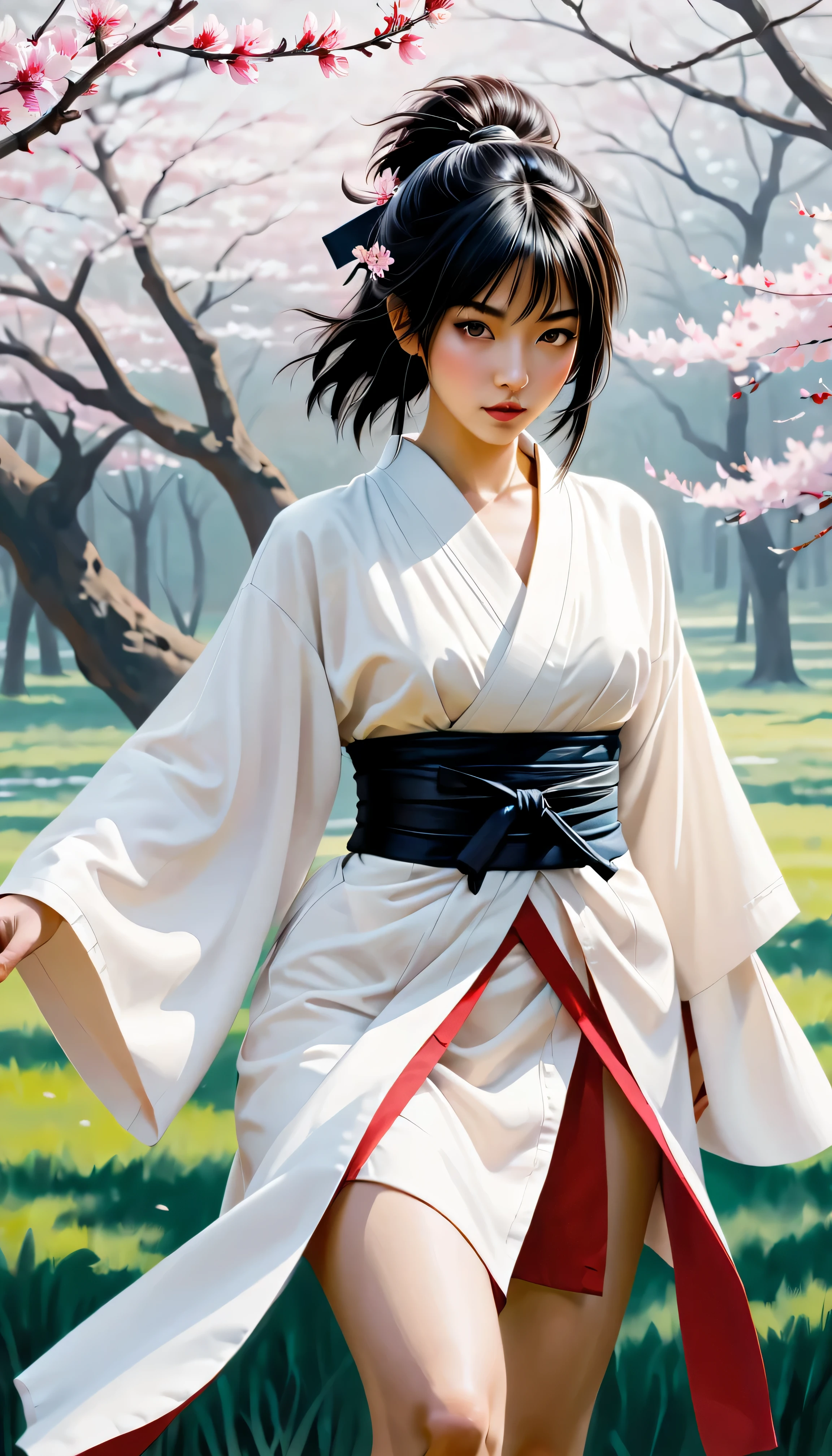 ((full body):1.2), smooth lines; Express expressions and postures through ink contrast, The background is a sakura garden. emphasize light, shadow and space. Drawing of Female Samurai, Supermodel Japanese Beauty. Black hair, (messy bangs hairstyle), ((maiden)), golden ratio face, perfect face, (attractive body), (fashion model body), ((wearing samurai robe):1.1), ((samurai battle stance):1.1), ((a Wakizashi dagger):1.1), fine art piece, figurative art, Dress neatly. sexy painting, Wallop | (best quality, 4K, 8k, high resolution,masterpiece:1.2), Super detailed,(actual, photoactual, photo-actual:1.37).