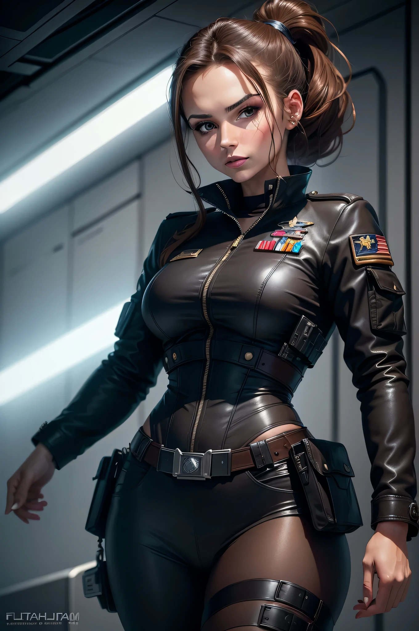 30 year old women, fabulous, gorgeous, best quality, 8k, Captain of a war spaceship, brunette with a ponytail, hazel eyes, small breasts, smiling, officer's jacket, deep cleavage, Fujifilm, 12k, gothic, dark, ultra sharp