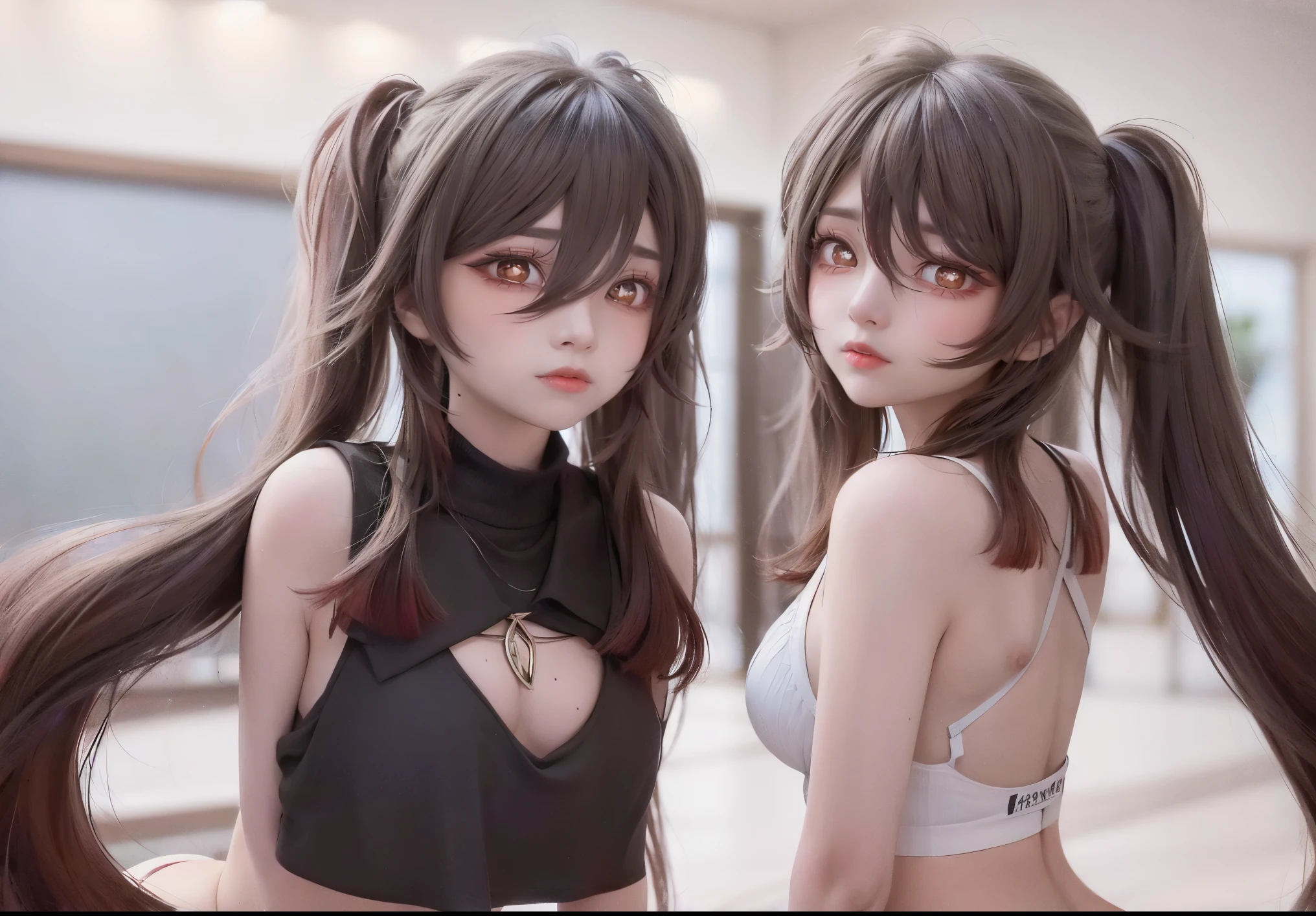 2 girls, Sit in M pose, looking at the audience, revealing buttocketamorphosis exposed,Naked ,undress, small thighs,at class room,((masutepiece)),(realisticlying:1.2),best qualtiy,high high quality,absurderes,rich colourful,stunning art,best qualtiy, ultra - detailed,beautifuldetails, reflective hair,Good lighting, Ray traching, depth of fields,ultra - detailed,illustratio,astounding,finedetail,Very detailed, ((ultra - detailed)), (Beautiful Meticulous Girl), Beautiful detail glow, intricately details, A high resolution, beatiful detailed eyes, NFFSW, Round eyes, detailedfacialfeatures,(Round pupils:1.4) (illustratio),(Beautiful and delicate eyes)(extra detailed face)), depth of fields,(alluring face), closeup cleavage, photore, lewd poseasutepiece,Best quality,A high resolution)))),Extremely detailed 8K,beauty girl,(hyper HD,ultra - detailed,high detal,high realistic,Ultra-realistic,Foto realism),(realistic dark hair),(Dynamic posture),large breasts,H-cup, (Beautiful and detailed face,Beautiful and delicate eyes),(Beautiful ass :0.5),perfect fingerole under the eye, ((brunette color hair)),Crystal shiny necklace,