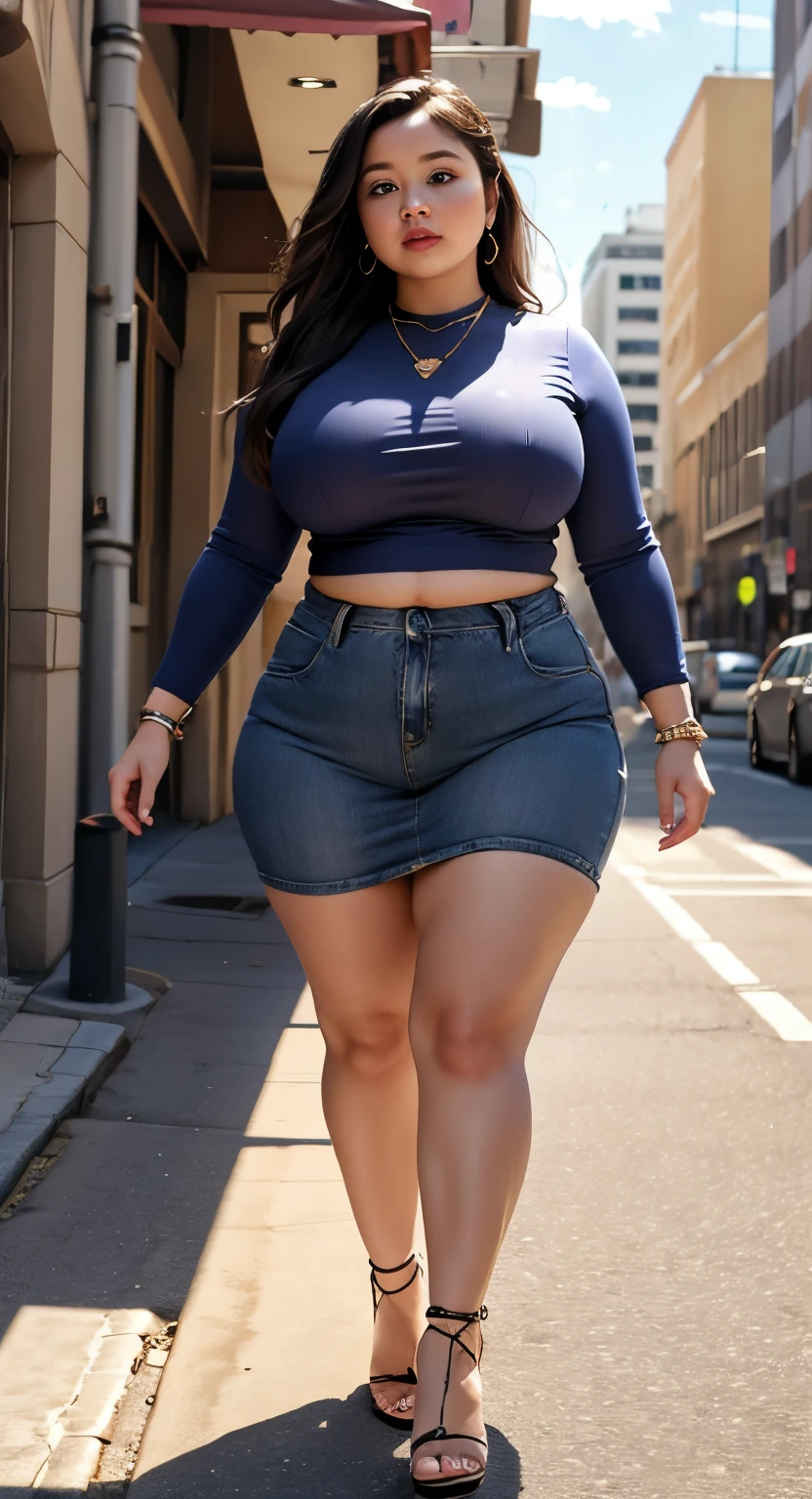 ((best quality)), ((masterpiece)), (detailed), perfect face, araffe woman in a dark-blue shirt and blue denim skirt walking down a street, thicc, she has a jiggly fat round belly, bbwchan, wearing tight simple clothes, skinny waist and thick hips, widest hips, her belly is fat and round, soft curvy shape, hyperrealistic full figure, wearing a cute top, wide hips, wearing 10 bracelet , wearing huge diamond necklace
