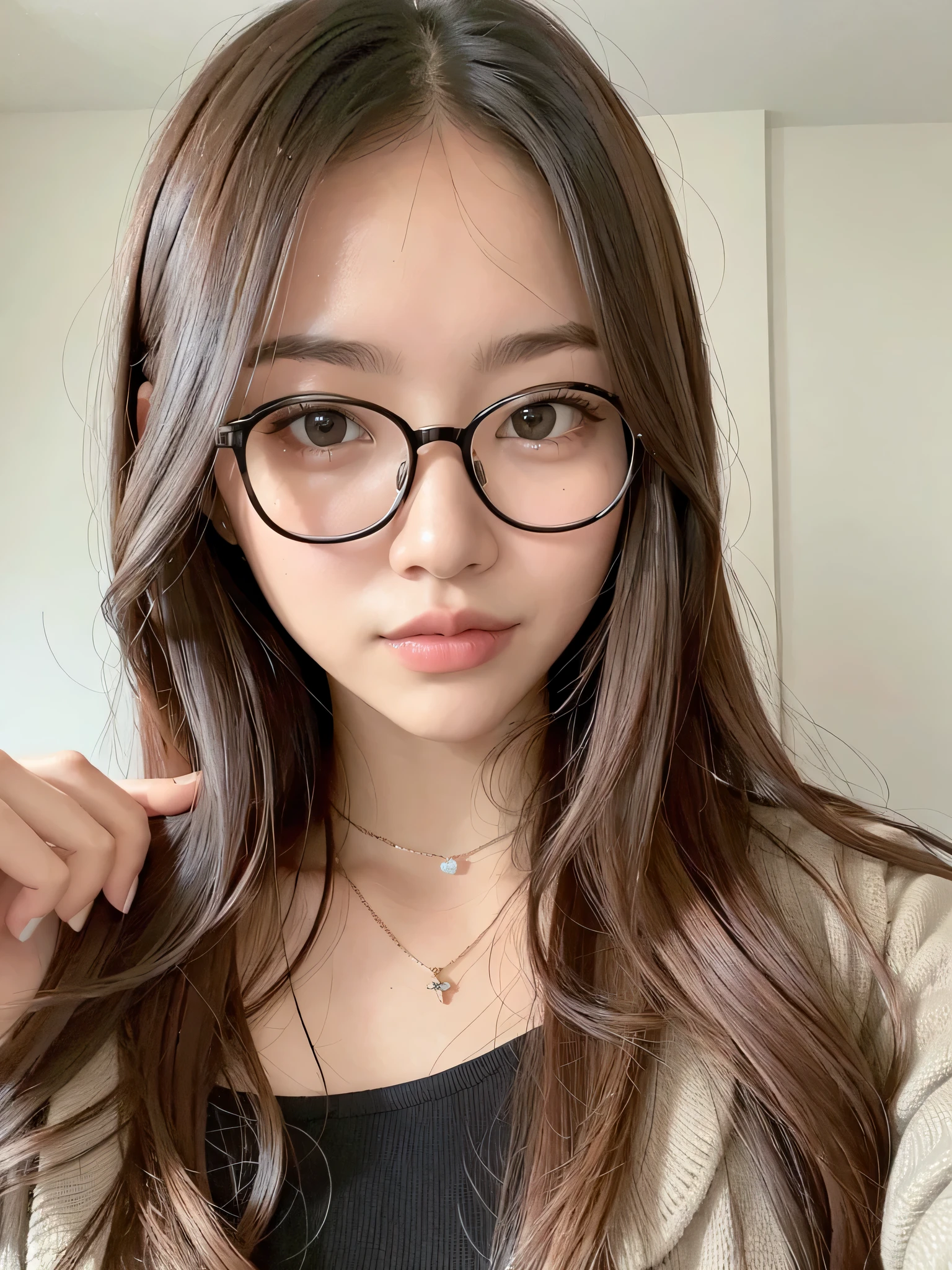 there is a woman with glasses and a necklace posing for a picture, with glasses, with square glasses, with long hair, headshot profile picture, professional profile picture, wearing thin large round glasses, girl with glasses, with glasses on, wearing square glasses, thick glasses, a young asian woman, wearing small round glasses, 1girl, black hair, realistic, ultra detail, big tits, perfect tits, perfect