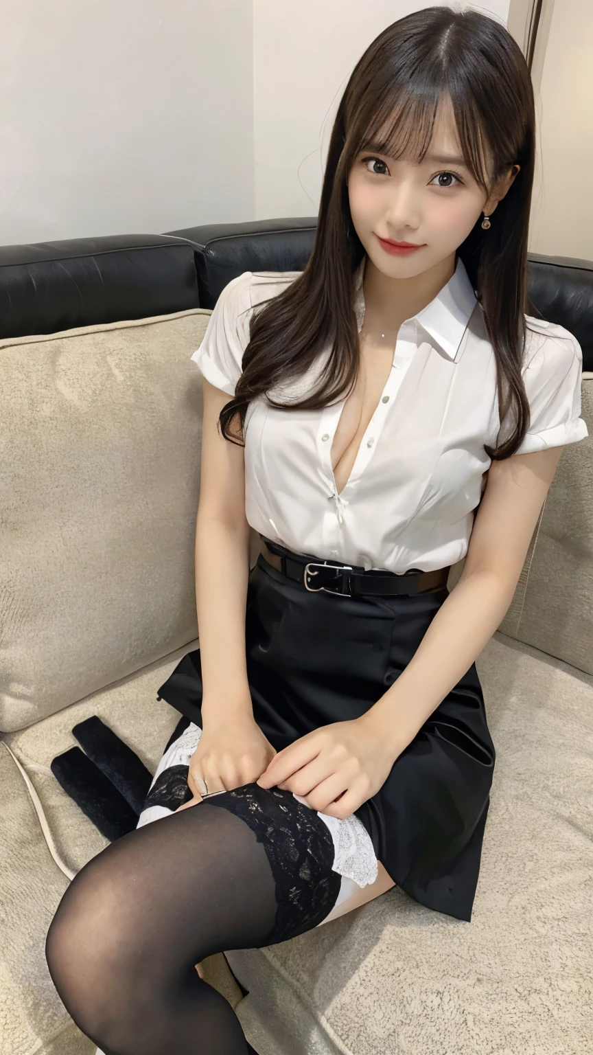 masterpiece, absurdres, best quality, extremely detailed eyes and face, natural skin texture, detailed skin, (perfect fingers, perfect hands), in the office, (from below, (focus knees)),
BREAK
beautiful woman, 30-year-old, black eyes, black long hair, (small breasts:1.2), (flat chest:1.2), (wide hips:1.4), ((black stocking)),
BREAK
business suit, (white shirt), knee-length pencil skirt, sitting on sofa, slouching, slightly spread legs