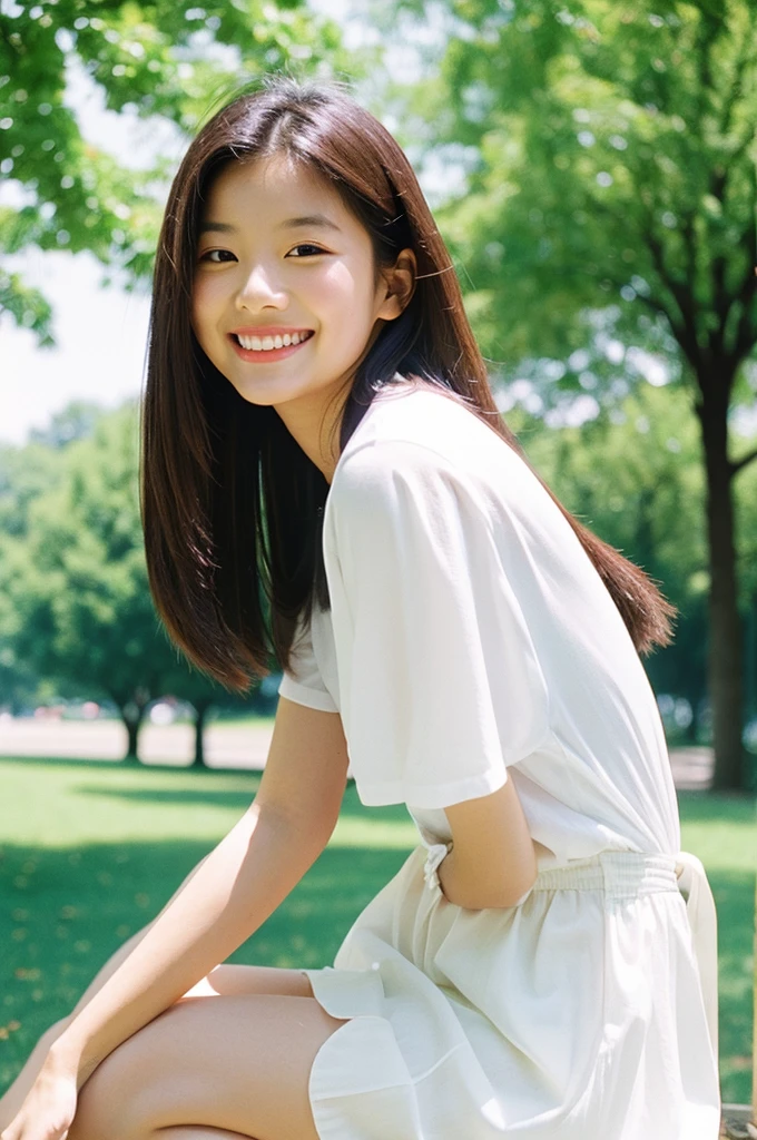 real girl,white shirt,park,snap,film picture,smile