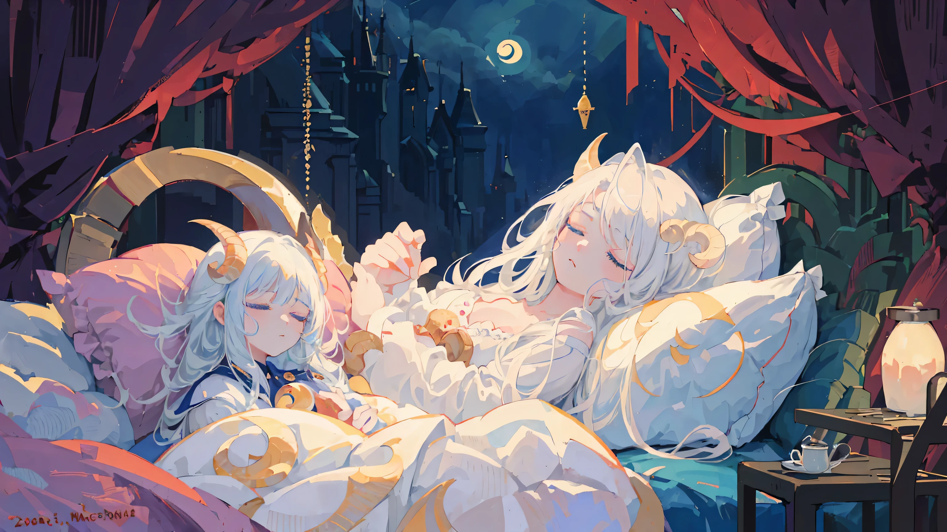 (masterpiece, high quality, detailed), 1 woman, dragon girl, (close one'eye:1.2), (peaceful sleeping face:1.5), big fluffy white hair, long hair, 파란 eye, big ram horns, busty, baggy white pajamas, in bed, There are a lot of pillows, dreamy, comfortable, night time, crescent moon, enlargement, portrait