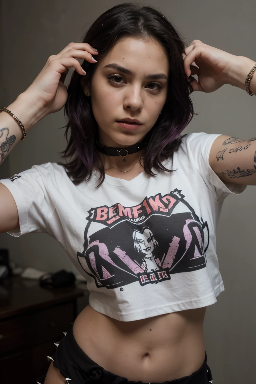 ((Mejor calidad)), ((Obra maestra)), (detallado),frontal portrait, cara perfecta, SEXY, purple hair, beautiful angry late  latin urban punk girl with tattoos taking a selfie, dressed only with a very oversized sexy man tee shirt and tiny stilished punk garments, choker, spike bracelet, punk jewelry