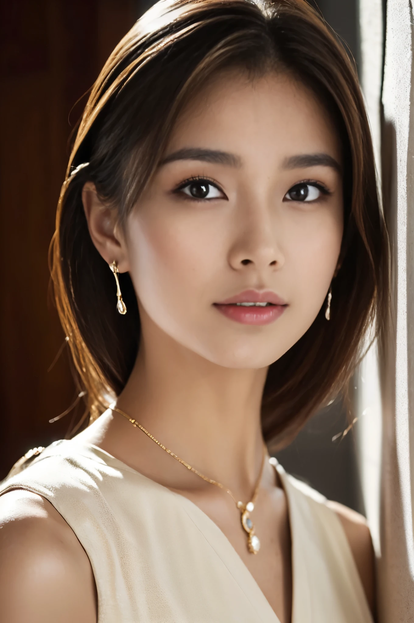 (Photoreal Stick:1.5, masutepiece:1.5, 8K), (top-quality, ​masterpiece, 超A high resolution), ((Face Sharp Focus)), Professional camera work, Highly detailed skin and facial texture:1.3,, Grow Light Effect, The ultra-detailliert, 1girl in, Fair skin, (Sense of clarity:1.5), Extremely beautiful face:1.3, Sense of clarityを感じる目:0.9, Enraptured look:1.0, i love you completely:0.8, slightly open mouth, Kamimei, Sense of clarityを感じる口当たり:0.7, Dark brown medium hair, necklace and earrings, looking at viewert