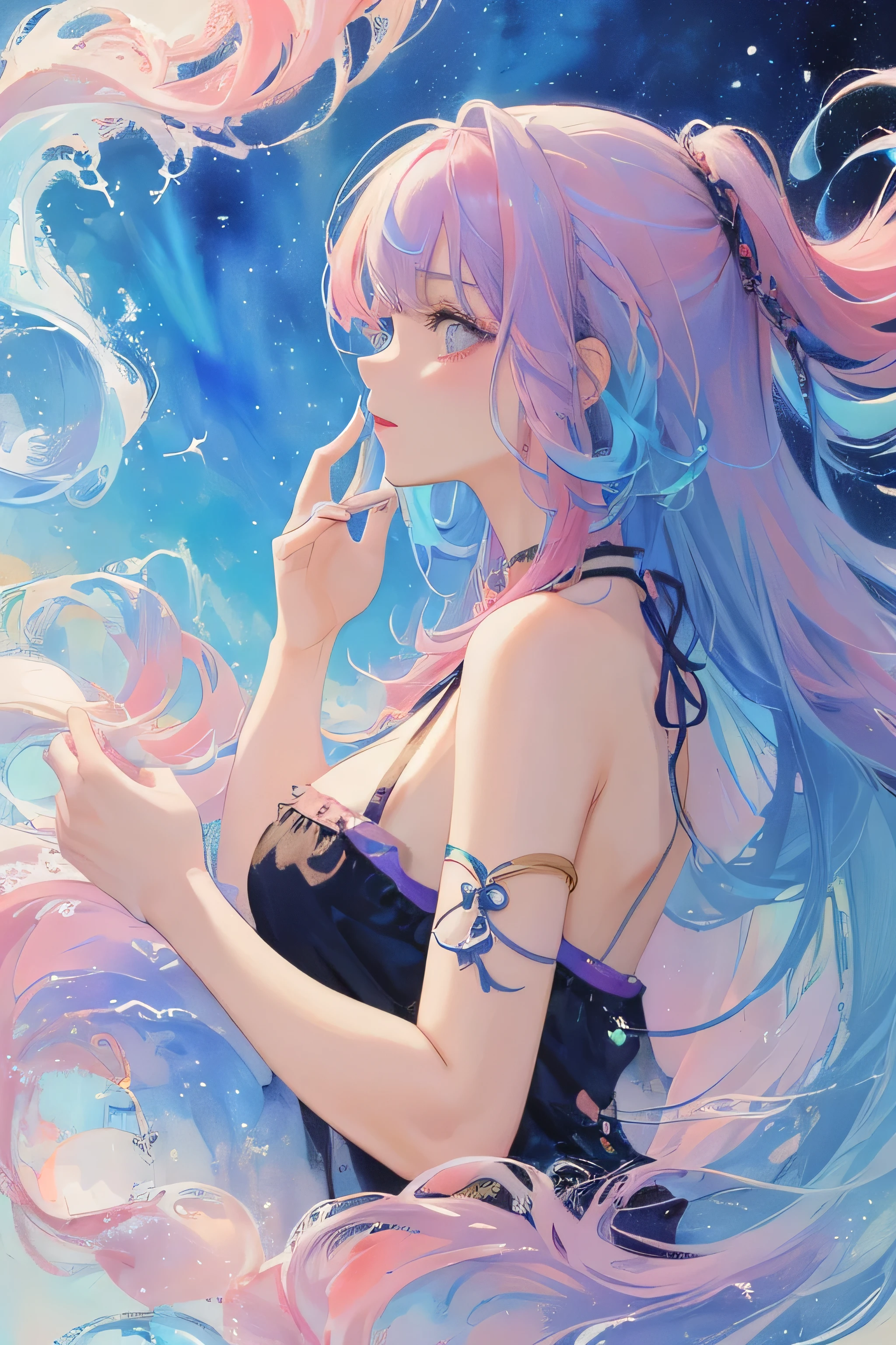 (masterpiece, highest quality, highest quality, watercolor (moderately), official art, Beauty and beauty: 1.2), (1 girl: 1.3), (fractal art: 1.3), Upper body, seen from the side, pattern, (rainbow hair, colored hair, Half blue、half pink hair: 1.2), water, liquid, cloud, colorful, starry sky, performer、close up of face