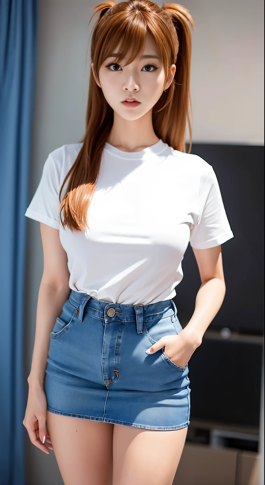 Araffe Asian woman wearing white shirt and denim miniskirt, She opens her legs and shows her panties.、Asuka Langley with ponytail、Realistic anime 3d style, korean girl, wears tight and simple clothes, wearing casual clothes, realistic!!!!!!! art style, tight shirt, wearing tight shirt, gorgeous young korean woman, 現実的なart style, her wardrobe is fascinating, Inspired by Shim Sa-jeong, ( ( ( wearing jeans ) ) )