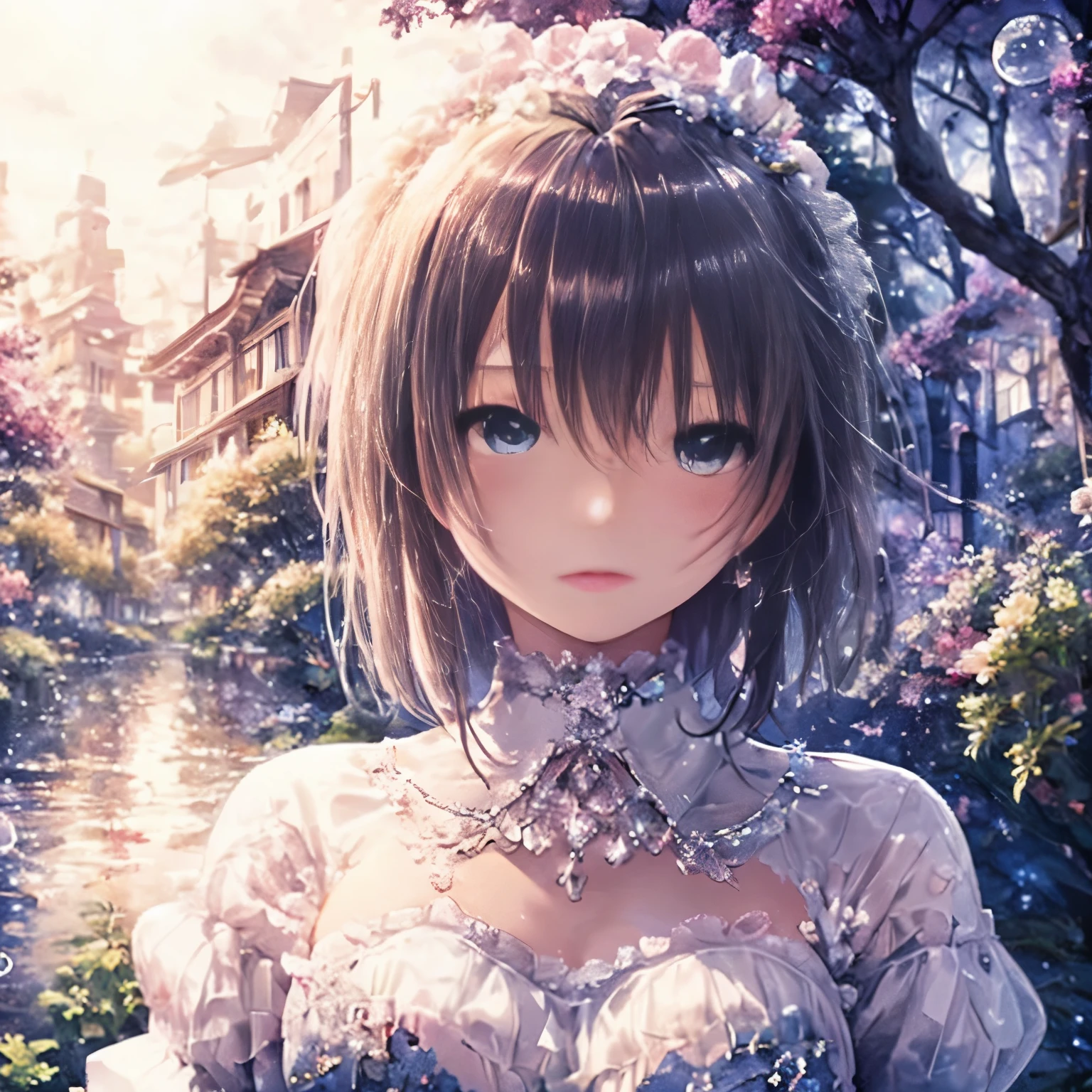 (high quality, 8k), (soft light), Rainbow-colored, one girl, detailed face, fine eyes, watercolor paiting,  so magical and dreamy, dreamy and detailed, dreamy atmosphereとドラマ, gorgeous atmosphere, fantastic beautiful lighting, dreamy atmosphere, beautiful atmosphere, dreamy romantic, fantastic dreamy theme, magical atmosphere, beautiful atmosphere, anime background art, magical atmosphere + table top, dreamy aesthetics, Beautiful details with atmosphere, lots of flowers, bubble, water, flower garden, sitting on the ground, shining eyes