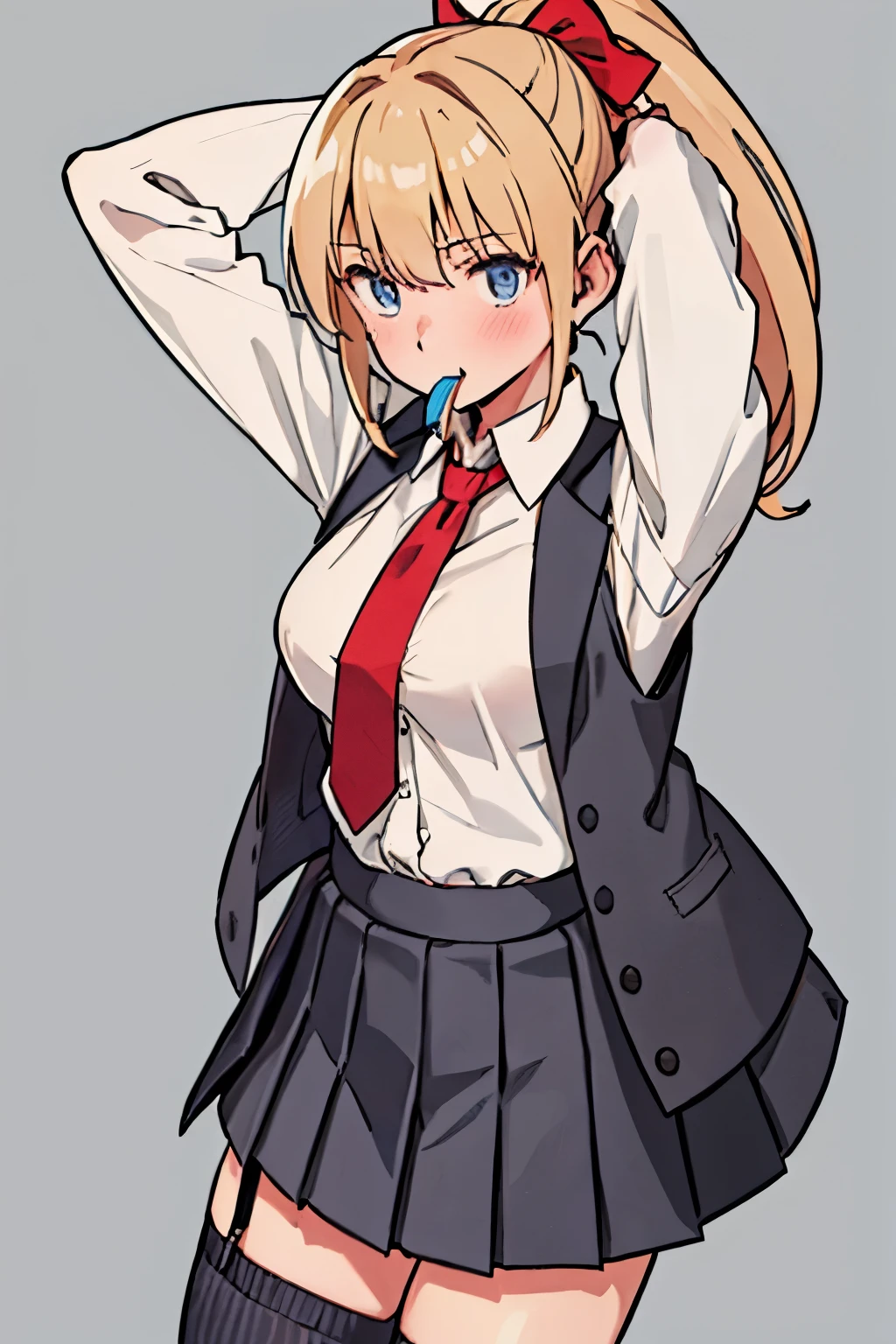 1girl, blonde_hair, skirt, blue_eyes, necktie, pleated_skirt, shirt, ponytail, vest, multiple_views, mouth_hold, socks, school_uniform, short_sleeves, white_background, looking_at_viewer, white_shirt, red_necktie, simple_background, blush, hair_ribbon, kneehighs, ribbon, collared_shirt, breasts, bangs, arms_up, long_hair, armpits, black_skirt, tying_hair, hair_tie_in_mouth, long_sleeves, black_vest, adjusting_hair, striped