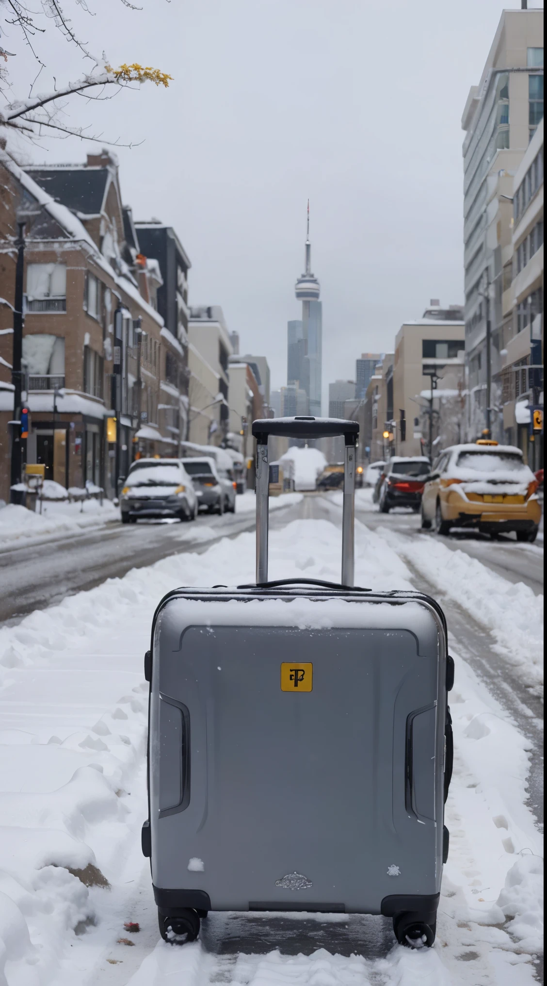 photo réelle d'une valise  devant un taxi jaune canadien , sous la neige au Toronto