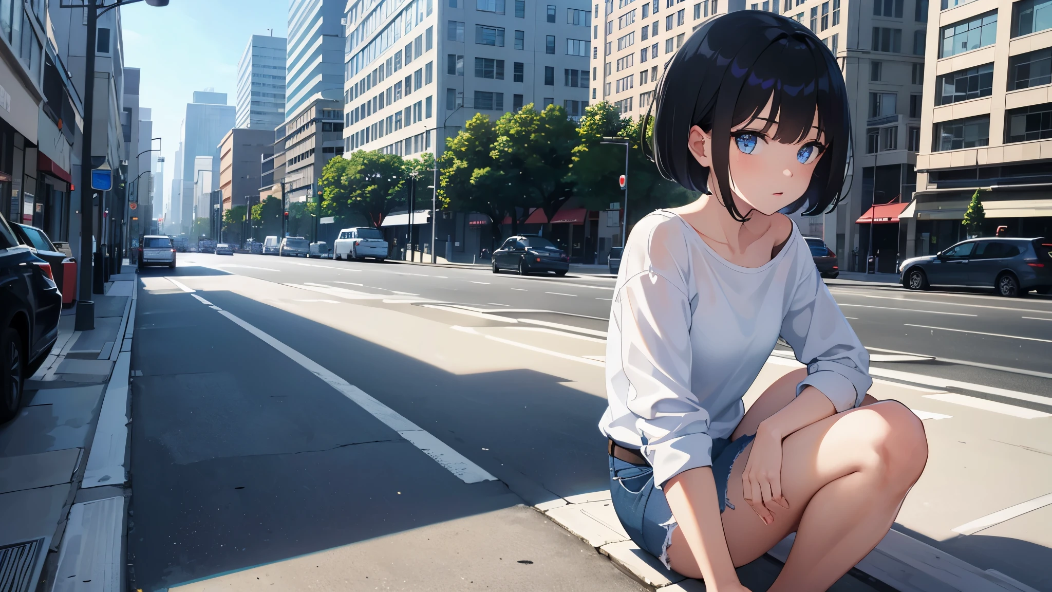 1girl, short black hair, blue eyes, wearing plain white shirt, denim shorts, city, absurdres, high res, ultrasharp, 8K, masterpiece, looking at viewer