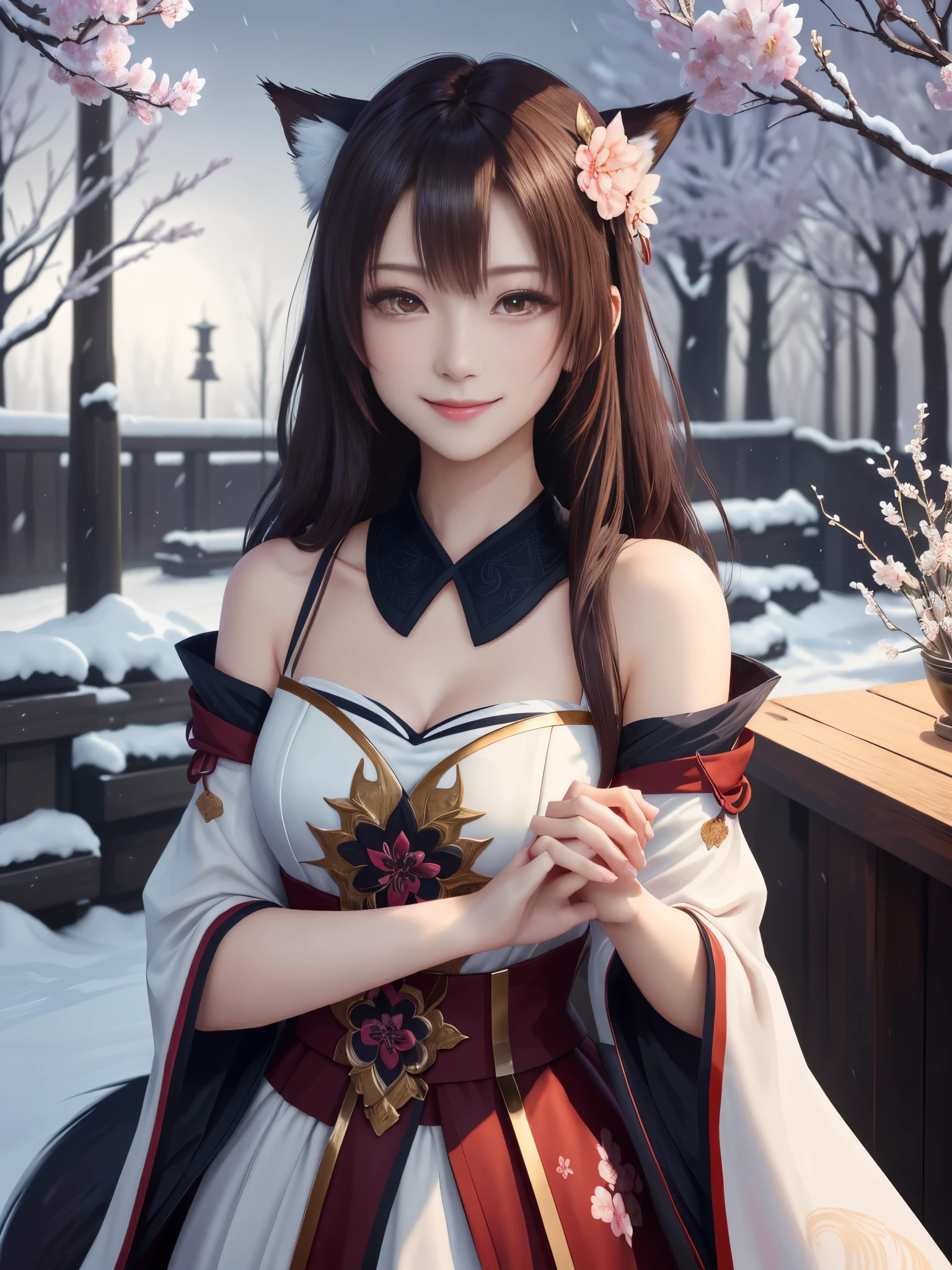 masterpiece , best quality,smile,smile,small face,the whole body is facing forward,shoulder exposure,some cleavage exposure,bright brown hair,slender body shape,brown eyes,sharp contrast,short hair,美しいフォルムのshort hair,just one person,precision quality,Faithfully reproduced eyes, 一面に咲くcherry blossom background,snow scene,masterpiece, 幻想的なcherry blossom background,night,nightの背景,cherry blossom background,beautiful details, colorful, delicate details, delicate lips, intricate details, genuine, ultrargenuineista, 枝に座っている色とりどりの髪のFoxを持つ女の子:Mature, bright eyes, ,色とりどりのFox, raposa de nine tails, 三尾Fox, 三尾Fox, onmyoji detail art, beautiful fine art illustration, mythical creatures, Fox, beautiful digital art,shrine maiden,hold hands,exquisite digital illustration, mizutsune, Inspired by mythical wild web creatures, pixiv in digital art, shining light, high contrast, Mysterious,