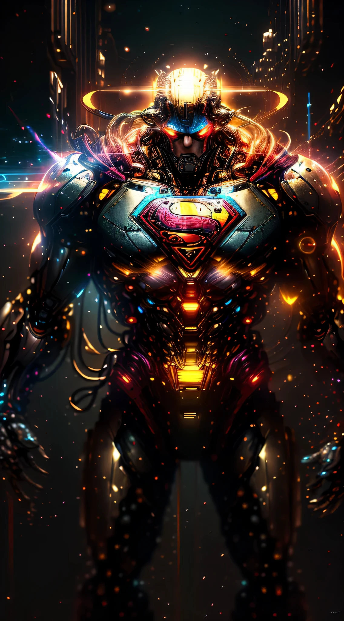 Superman from DC photography, biomechanics, complex robot, golden Superman logo, full growth, hyper-realistic, crazy little details, incredibly clean lines, cyberpunk aesthetic, masterpiece featured on Zbrush Central, cyberpunk city backdrop