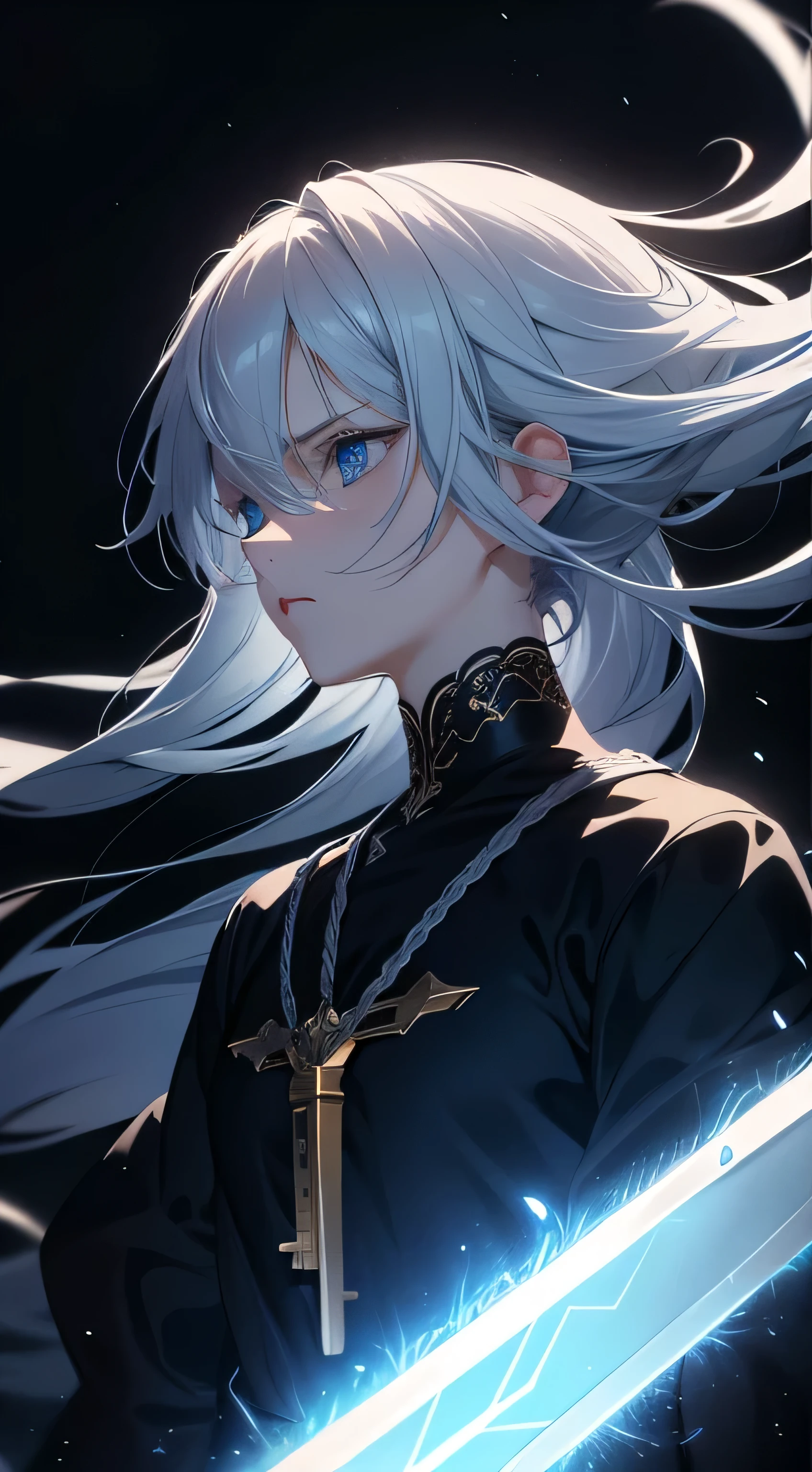 dark atmosphere, Emotional, melancholic key visual, rich colors, extremely difficult、have a sword、Mental concentration、blue eyes、There is momentum、flowing movement