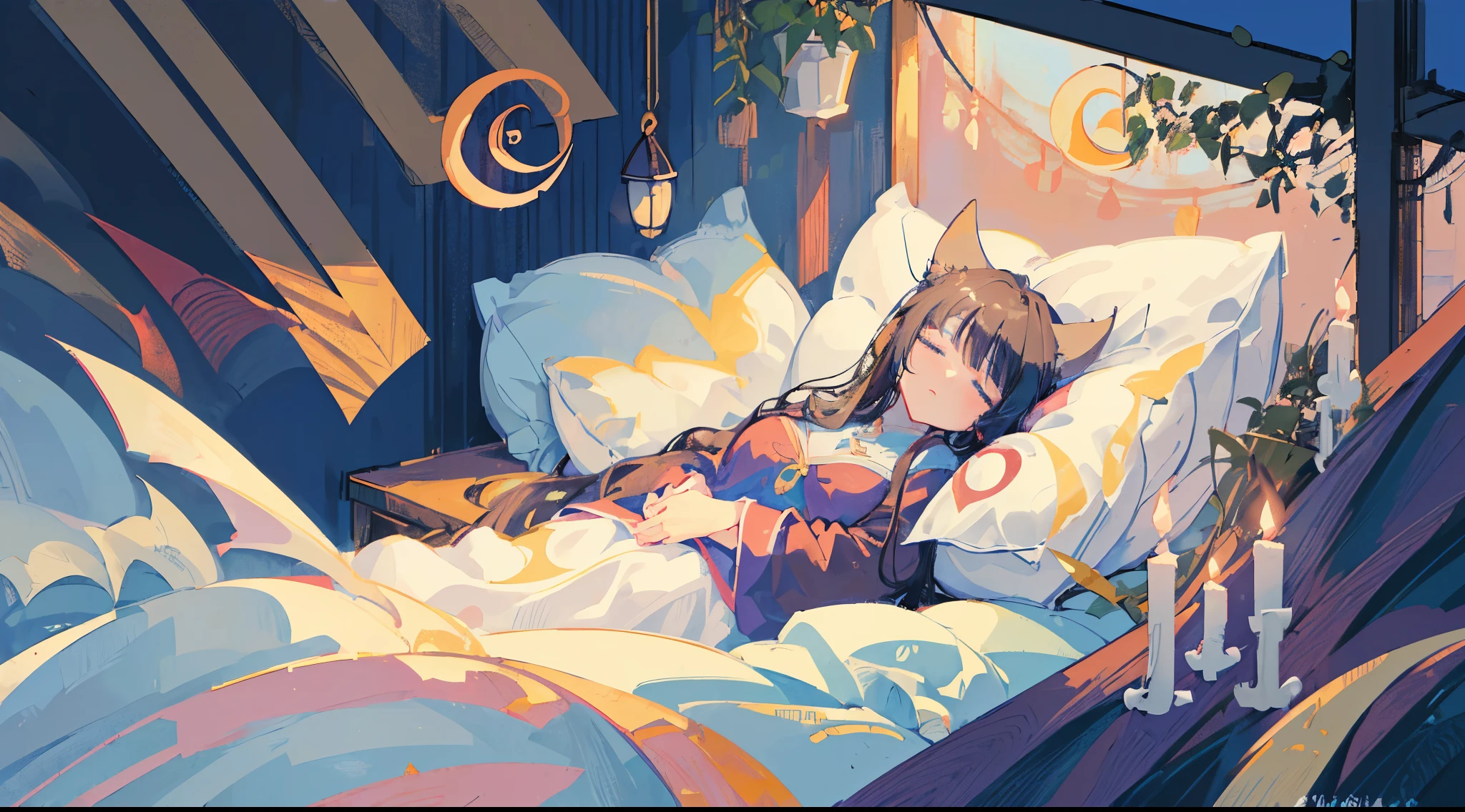 (masterpiece, high quality, detailed), 1 woman, dragon girl,  (close one&#39;s eyes:1.2), (peaceful sleeping face:1.5), big, fluffy black hair, long hair, blue eyes, cat ears, busty, baggy white pajamas, in bed, There are a lot of pillows, dreamy, comfortable, night time, crescent moon, enlargement, portrait