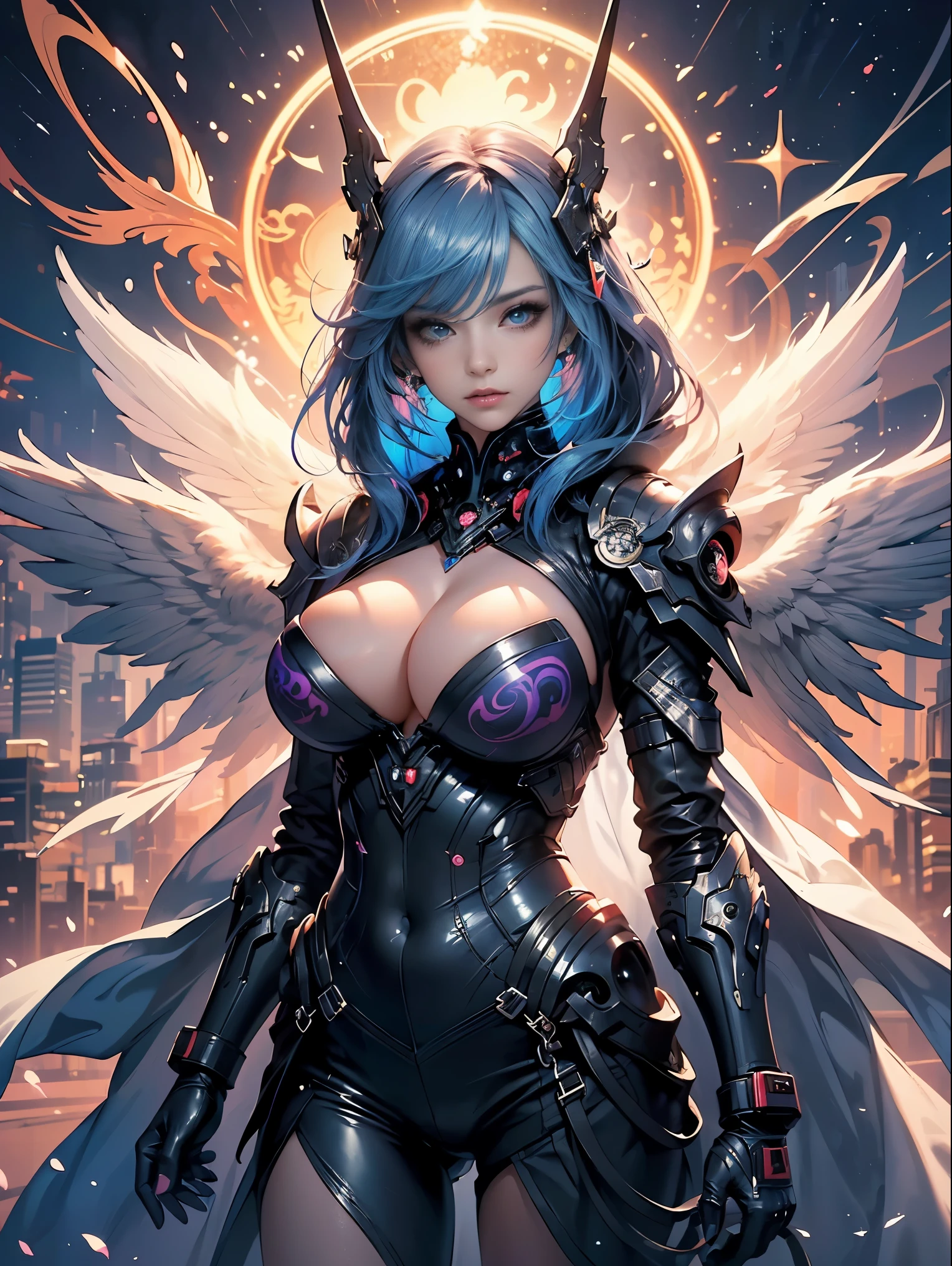 (masterpiece, top quality, best quality, official art, beautiful, cosmic, atmospheric, psychedelic, dreamlike, swirling psychedelic cosmic graffiti patterns,,aesthetic:1.2), (1girl, neon blue hair, mecha, beautiful, sexy, beautuful highly detailed hooded mecha battle armor, mecha angel wings, tons of tattoos and piercings, super huge enormously gigantic tits, cleavage showing), extreme detailed,(fractal art:1.3),colorful,highest detailed, cherry blossoms blowing in the wind